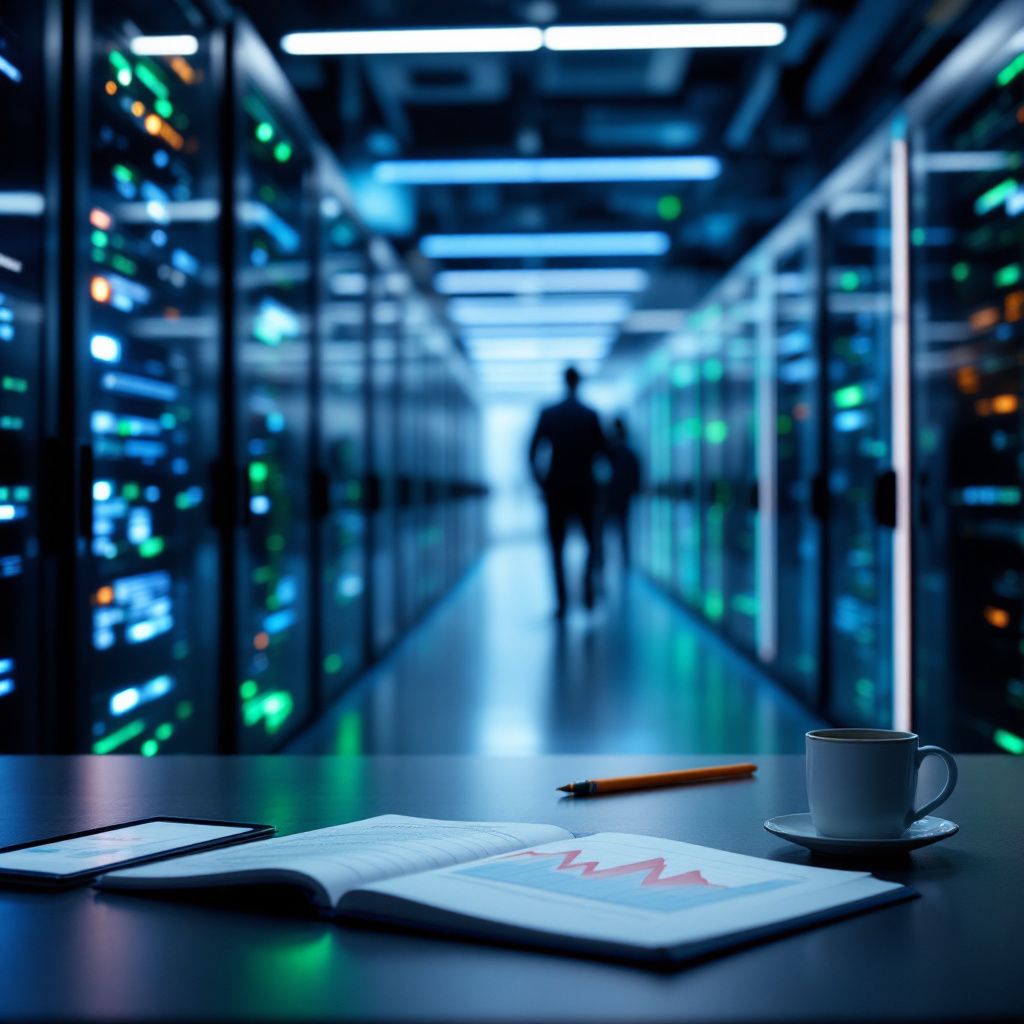 Forestil dig et dokumentaristisk billede taget i en moderne, aktiv sagsbehandlings- eller it-infrastruktur, hvor teknologien er integreret i det daglige arbejde uden synlige skærme eller mennesker. Billedet viser en rummelig kontorbygning, hvor store, strømlinede serverrækker fylder baggrunden, med LED-indikatorer, der blidt pulserer i nuancer af grønt og blåt, hvilket afspejler dataflow og systemaktivitet. I forgrunden er der subtile, realistiske elementer som en åben notesbog med håndskrevne noter, eller en tablet med en graf, der illustrerer automatiserede processer og data-ændringer, uden at fokusere på personer. Lyset er blødt, med naturlig dagslys, der trænger ind gennem brede vinduespartier, hvilket understreger et miljø, hvor teknologi er blevet en usynlig, men essentiel del af infrastrukturen. Dette fremhæver den konceptuelle kraft af systemintegration og automatisering, som understøtter effektiviteten uden at skabe et futuristisk, sci-fi præg.