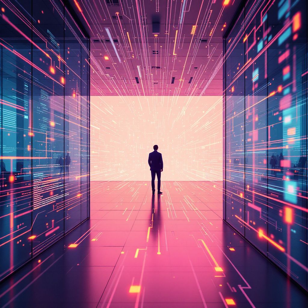 Det mest fængende og spændende foto, der bygger på abstrakte repræsentationer af emnet, viser en dynamisk, dokumentaristisk scene inde i en moderne virksomhedsmiljø, hvor en stor, transparent væg består af flettede lyssignaler og datastreams, der symboliserer AI og dataintegration. Disse datastrømme flyder som en pulserende energi gennem rummet, der illustrerer den komplekse sikkerhed og skalerbarhed, som AI-baseret HR-teknologi bringer med sig, uden at fokusere på personer. Det visuelle skal fremhæve en stenografi af undvigende datalinjer, der forbinder forskellige sektioner i et multitenant miljø, hvilket signalerer den store kapacitet og sikkerhed, samtidig med at det er jordnært og realistisk, uden sci-fi-elementer. Billedet bør optages i en kontorbygning med naturligt lys fra store panoramavinduer, hvor lyssignalerne og datavisualiseringerne er opnået gennem lang eksponering og subtile, diffust belysning for at fremhæve den flydende dataflyt. Kameraet, en Canon EOS R5 med en 24mm f/1.4 linse, anvendes m