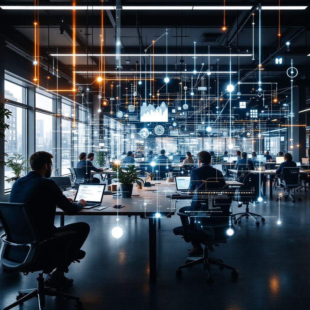 Det mest fængende og spændende foto, der visualiserer artikelens kerne, er en dokumentarisk scene i en moderne virksomhedsmiljø, hvor der tydeligt er et fokus på datasikkerhed og processtyring. Billedet viser et digitalt og dynamisk arbejdsrum, hvor en stor, tydelig influencer er en central, abstrakt visualisering af datastreams og netværk – symbolsk repræsenteret gennem lokale, stærkt lysende linjer og interaktive grafer, der flyder mellem flere lag af transparent, teknologisk inspirerede strukturer. På den måde kombineres den fysiske, håndgribelige virkelighed med de virtuelle data-kredsløb, hvilket understreger den moderne, sikre multi-tenant arkitektur og den komplekse databehandling, der ligger til grund for AI-drevne HR-systemer. Billedet søger at formidle, hvordan teknologi—repræsenteret gennem visuelle elementer som flydende data, krydsende forbindelser og sikre lagdelinger—streamer ind i hverdagen i nutidens virksomheder. Det afspejler en verden, hvor små detaljer i det fysiske miljø (f.eks. en meda