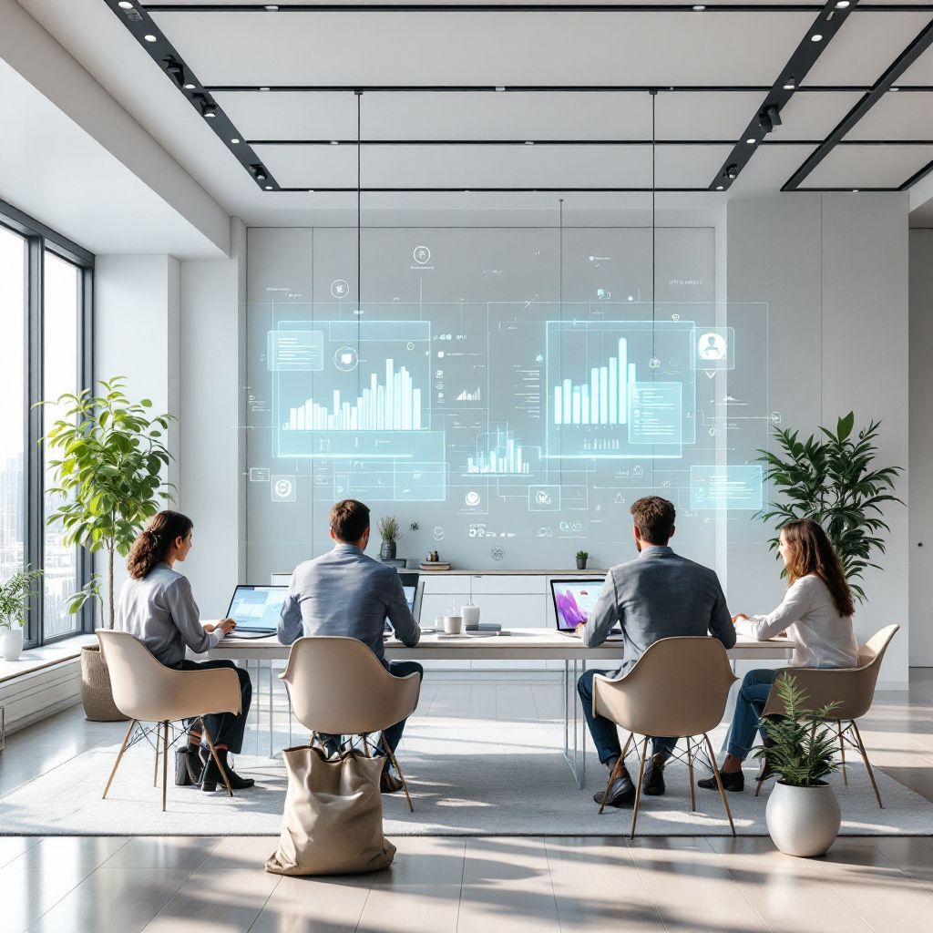 Forestil dig et billede, der afspejler den potentielle transformation, som no-code AI-værktøjer kan bringe til små og mellemstore virksomheder, uden at vise en person ved en computer direkte. I stedet for et kontor, er motivet en moderne, åben arbejdsplads, hvor flere små grupper af folk interagerer med intuitive, holografiske interfaces, der svæver i luften. Disse interfaces viser abstrakte, flydende grafer, ikoner og datamønstre, der symboliserer AI-projekter, automatiseringer og dataanalyse uden at være for teknisk. Overflader er rene, organisede, med naturligt lys og subtile, varme farvetoner, der understreger en innovativ, fremtidssikret atmosfære. Lysrefleksioner fra de svævende data og grafikker skaber en dynamisk, men rolig scene, der illustrerer, hvordan AI kan indgå i dagligdagen på en let tilgængelig måde, uden nødvendigvis at involvere mennesker direkte i teknologiens kompleksitet. Dette billede fanger den nuværende virkelighed, hvor teknologien trækker sig tilbage fra den åbenlyse, menneskelig