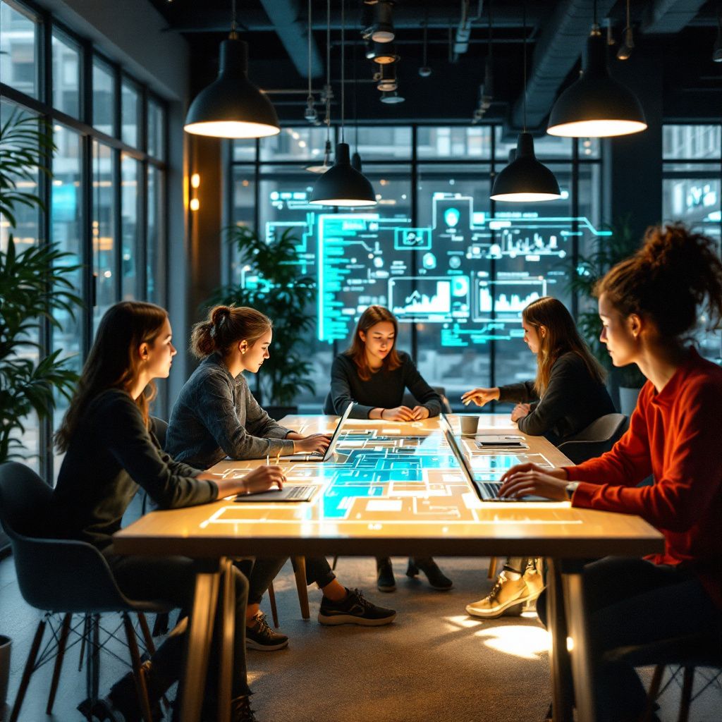 Forestil dig et realistisk, dokumentaristisk billede, hvor fokus er på en moderne, travl virksomhedsmiljø – ikke en kontorarbejdsplads, men et åbent innovationslaboratorium eller en kreativ hub, hvor nye teknologier integreres i dagligdagen. Billedet viser en gruppe ansatte, der arbejder med store, transparente displayborde og interaktive skærme, hvor de visuelt designer og tester no-code AI-værktøjer. Farverne er bløde, men med stikord af teknologisk energi: grønne, blå og hvide lys, der signalerer innovation, samarbejde og fremtidsudsigter. Midt i billedet kan man skimte en stor, avanceret digital væg, der viser dynamiske datanetværk og grafiske visualiseringer af AI-processer, hvilket symboliserer dataflyd og AIs indtog i virksomheden. Billedets elementer formidler den hidtidige virkelighed, hvor AI i dag ikke er forlænget af teknikere alene, men er blevet integreret i hverdagens arbejdsgange hos små og mellemstore virksomheder. Det fokuserer på mennesker, der samarbejder om at bygge og finjustere automa