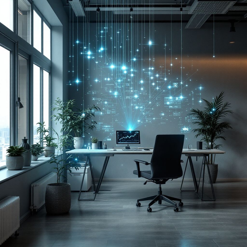 Det mest fængende og spændende billede, der bygger på abstrakte repræsentationer af emnet, er et realistisk og dokumentaristisk foto, hvor tre lag visualiserer den komplekse, interaktive og uendelige digitale verden, der omgiver og binder sig til den fysiske virkelighed. Forestil dig en moderne kontorpult i en lys, åben arbejdsplads, hvor et ryddeligt bord er dækket af gemte, minimalistiske enheder og futuristiske dataoverførselsstrømmer, der flyder som subtile, strømlinede laserstråler i luften. Disse stråler, i bløde blå, grønne og gule nuancer, repræsenterer AI’s indvirkning på digital synlighed og autoritet – de krydser og snor sig gennem rummet som et symbol på den usynlige, men altomfattende kraft, der former nutidens og fremtidens marked. Bagved er en stor glasvæg, der reflekterer disse data-energistrømme og afslører en bylandskab i baggrunden, hvor skyskrabere og LED-billboards fungerer som konkrete symboler på den digitale økonomi. Over scenen svæver holografiske data-visualiseringer, der illustrere