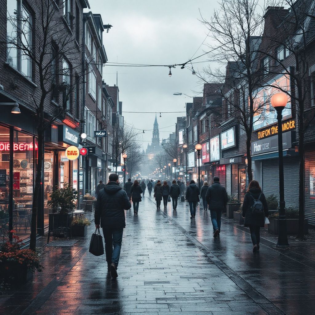 Det mest fængende og dokumentaristisk-realistiske billede, der illustrerer emnet i artiklen, ville være en scene af et moderne, travlt bymiljø, hvor små, konkrete tegn på teknologiens indflydelse er spredt ud i hverdagslivet. Forestil dig en travl gade med digitale skilte, der viser søgefelter og AI-generated data, mens almindelige mennesker går forbi med smartphones i hånden, uden at de nødvendigvis bemærker den teknik, der former deres adfærd. Det er en realistisk, dokumentarisk optik uden overdrivelse, hvor fokus ligger på den subtile integration af AI i det daglige miljø, som en usynlig, men allestedsnærværende kraft, der påvirker alt fra reklamer til mindre forretningsfacader, hvor tekst og information er optimeret til AI-citersystemer. Billedet skal fange det moderne samfunds afhængighed af teknologi uden at skabe en futuristisk hot-spot-æstetik, men snarere en naturalistisk dokumentation. Farveskemaet bør være jordnært og naturligt med dæmpede, lidt kølige toner, der understreger realismen, men med su