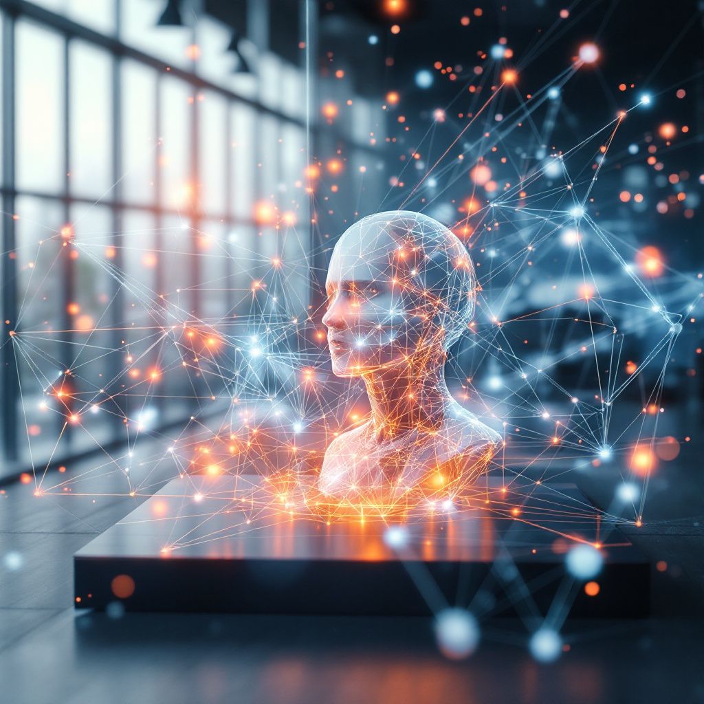 Et kraftfuldt og dokumentaristisk foto, der visualiserer den abstrakte indvirkning af AI-udvikling i nutidens teknologi. Billedet viser en moderne, indendørs arbejds- eller innovationsfacilitet med en stor, transparent struktur, der symboliserer informationsstrømme og dataflux. Rundt om strukturen svæver subtile, diffuse lysnoder og tråde, der illustrerer komplekse netværk af kode og algoritmer, som flyder i luften og forbundet med hinanden i et kontinuum af data. Disse visuelle elementer er nøje oplyst med kolde, blå og grønne nuancer, der signalerer højteknologisk kontrol og sans for sikkerhed, samtidig med at de fremhæver den globale kommunikation og dataoverførsel, som AI-revolutionen medfører. I midten af billedet ses en neutral, minimalistisk arbejdsstation med et halvåbent, digitalt display, der viser dynamiske, abstrakte visualiseringer af kode, diagrammer og spor af AI-udvikling, uden personscentrering. Environmentet er præget af store glasfacader, der giver adgang til et netværk af udendørs grønne