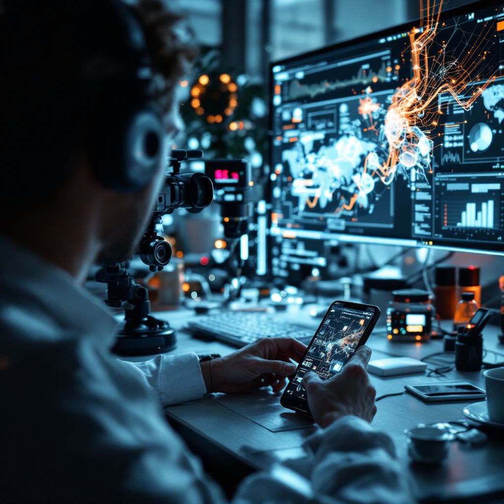 For dette foto ønsker jeg en dokumentaristisk, realistisk repræsentation af den komplekse proces, hvor 3D data bliver udvundet fra almindelige videooptagelser, uden at bruge menneskelige figurer. Forestil dig en række uafhængige, almindelige videokilder – en smartphone, en overvågningskamera, en drone – sat op i et moderne technomiljø, hvor et stort, rent arbejdsbord er dækket af analytiske udstyr, kabler og digitale skærme, der viser komplekse 3D-grafikker og data overlays. Billedet bør fokusere på de visuelle elementer: digitale visualiseringer, abstrakte grafer, og animationer, der symboliserer avanceret computer vision og spatial AI-processer, som bliver genereret i realtid. Det realistiske miljø kan være et laboratorie eller en avanceret produktionsfacilitet, hvor den røde eller blå belysning afspejler den teknologiske intensitet, uden at fremstå futuristisk men snarere cutting-edge. Det viser teknologiens virksomheds- og forskningsproces i en dagligdags, men højteknologisk setting, hvor den ægte, komple