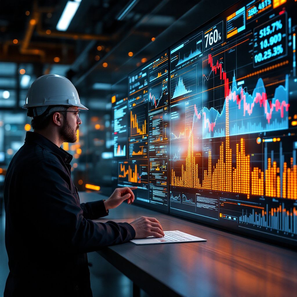 Jeg foreslår at skabe et dokumentaristisk og realistisk billede, der visualiserer den praktiske impact af avanceret dataanalyse i hverdagen uden direkte menneskelige figurer. Forestil dig en moderne produktions- eller energiforvaltning, hvor store, transparente displaypaneler er monteret på væggene i en kontrolrumslignende omgivelser, fyldt med komplekse, tidsbaserede grafer og diagrammer, der viser trends i energiforbrug, lagerbeholdninger og prognoser. Disse dataindsamlinger er visualiseret som dynamiske, flydende datastrømme, der bevæger sig gennem rummet som synlige, pulserende linjer, der symboliserer hastigheden og præcisionen i dataanalyse. Se for dig et miljø, hvor store, transparente skærme eller glasvægge reflekterer data fra en central server — måske med lysende LED-linjer, der indikerer datastreams, og bløde glødende gradienter, der repræsenterer sandsynlighedsmodeller og usikkerhedsprobabiliteter. Rummet er fyldt med subtile, futuristisk inspirerede elementer; som pulserende lysstrenge, der følg
