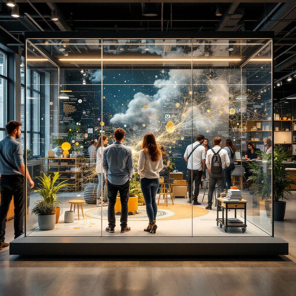 Det mest fængende og spændende billede, der afspejler den centrale del af artiklen, kunne være en dokumentarisk scene i et moderne, åbent arbejdsmiljø, hvor abstrakte visualiseringer af AIs kreative potentiale er i fokus. Forestil dig en stor, transparent displayvæg, der viser flydende, dynamiske og farverige datastreams og idéer, som symboliserer AI-chatbots' evne til at generere og udfordre kreative tanker. Rundt omkring er mikro- og makroelementer fra et nutidigt, innovativt miljø – som kreative arbejdsstationer, inspirerende artefakter og naturlige elementer – hvilket viser AIs integrerede rolle i dagligdagen uden at fokusere på mennesker. Det giver et realistisk, dokumentarisk blik på, hvordan teknologi understøtter kreativitet og innovation i praksis, uden at være cliché, og fremhæver AIs funktion som en aktiv partner i den kreative proces. Dette billede formidler kraftfuldt, hvordan AI som en