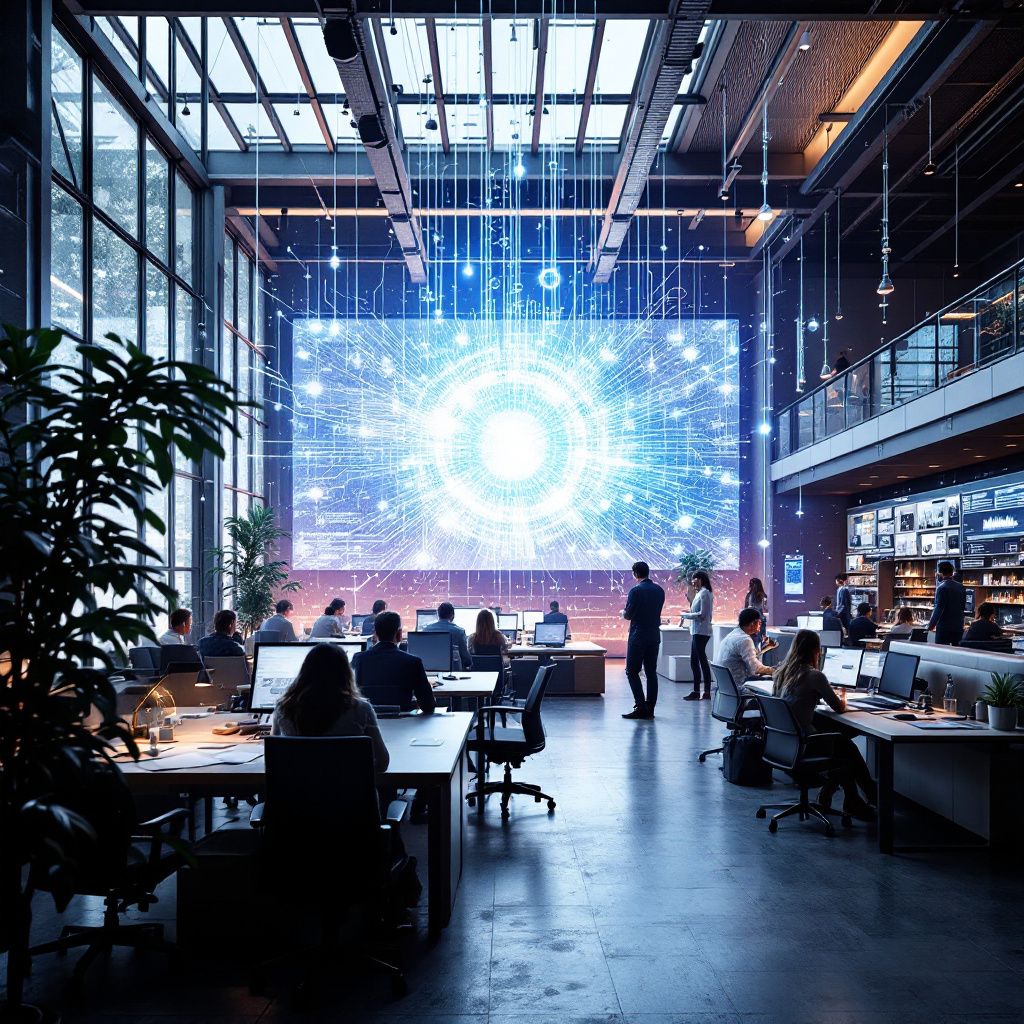 Det mest fængende og realistiske billede, der abstraherer emnet fra artiklen, kan visualisere en moderne, kreativ arbejdszone, hvor kunstig intelligens er integreret som en uundværlig faktor i innovationsprocessen. Forestil dig en stor, åben værksteds-lignende atmosfære i et nybygget innovationscenter, hvor forskellige materialer og teknologier er spredt ud på borde. Her er ikke mennesker i fokus, men derimod de kreative processer symboliseret gennem dynamiske elementer: flygtige datastreams strejfer gennem luften som abstrakte, glødende linjer, der forbinder forskellige objekter – en stor, transparent digital skærm viser komplekse netværk af idéer og algoritmer, der pulserer let. Overalt ses udskæringer og strukturer af let gennemskinnelige materialer med indbygget LED-lys, der skifter farve, hvilket illustrerer ideernes flow og samarbejdet mellem menneskelige og kunstige faktorer uden direkte at vise personer. Atmosfæren signalerer et laboratorie, hvor teknologi skaber nye kreative muligheder i en verden, d