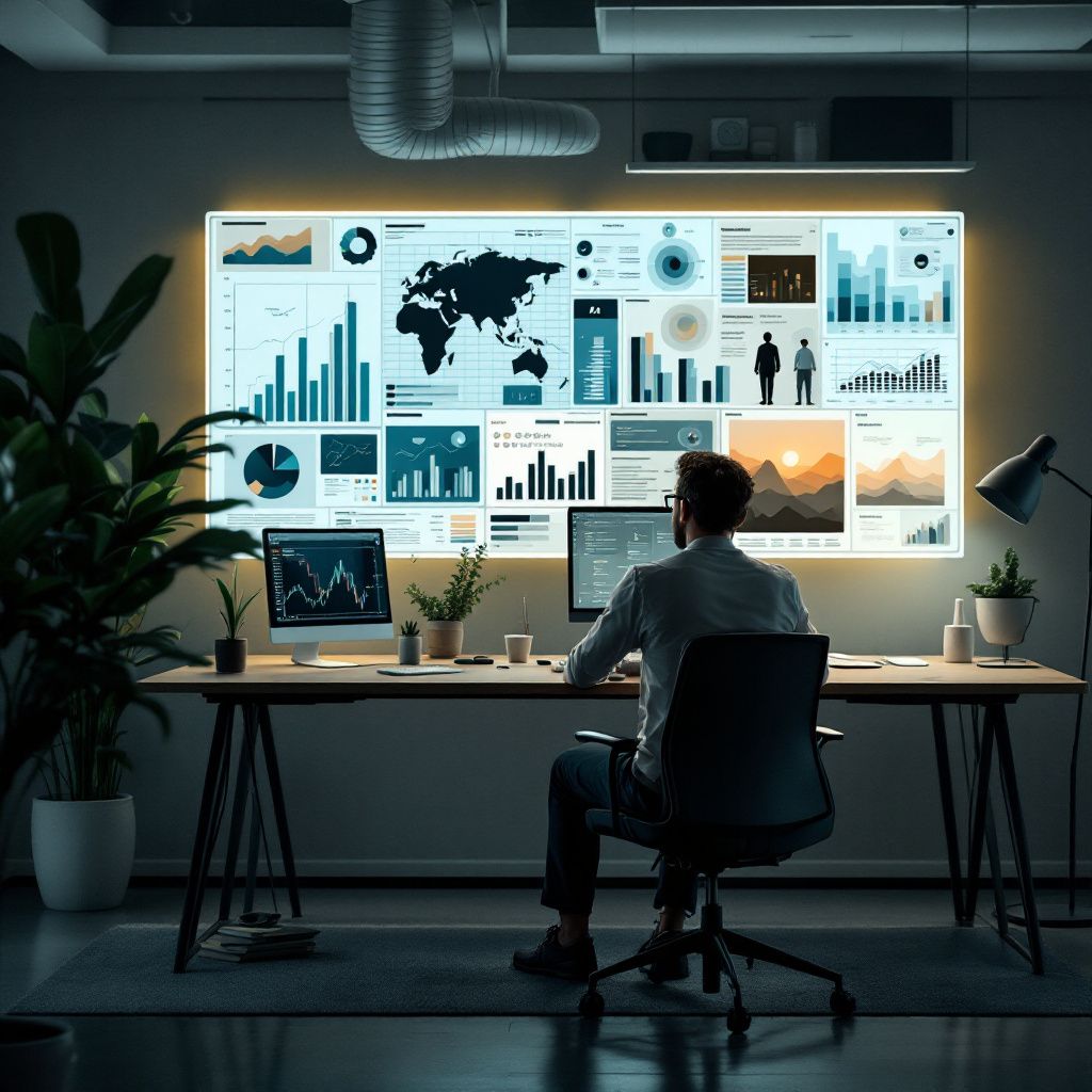 Forestil dig et dokumentaristisk og realistisk foto, der fanger den subtile, men kraftfulde effekt af AI-baserskrevne tekster i nutidens arbejdsmiljø. Billedet viser en moderne, minimalistisk arbejdsstation i et åbent kontorlandskab, hvor en enkelt, velforetaget medarbejder sidder med en tablet i hånden, mens skærmen foran vedkommende er fyldt med abstrakte visualiseringer af sproglige netværk, dataflows og stiliserede tekstanalytiske diagrammer i bløde, digitale nuancer som blå, grøn og lys grå. Atmosfæren er præget af ro og fokus, mens lysrefleksioner fra skærmen blidt oplyser omgivelserne og antyder en verden, hvor AI-verktøjer er en integreret del af dagligdagen, uden nødvendigvis at inkludere direkte menneskelige handlinger. Baggrunden viser en åben væg med fængende, storformatede billeder af data- og tekststrømme, der flyder gennem små, transparente skabningsrammer, hvilket symboliserer det flydende samarbejde mellem teknologi og menneskelig kommunikation. Dette miljø fremstår som et neutralt, men ultr