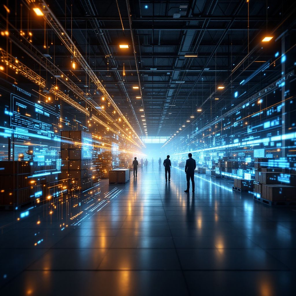 Det mest fængende og spændende foto, der bygger på abstrakte repræsentationer af emnet, viser en stor, moderne lagerhal, hvor komplekse datastreams symboliseret ved flydende lysstrømme og digitale mønstre strømmes gennem rummet. I midten står en row af højteknologiske wearables, der er fastgjort på elegante, minimalistiske stativer, med glødende, holografiske dataoverlays, der viser realtidsinformation om lagerbeholdning og logistiske processer. Atmosfæren er præget af en kombination af industrielt elegance og digital futurisme, hvor lys- og farvekombinationer understreger den innovative kraft i AI-baserede arbejdsredskaber, uden at inkludere personer direkte – fokus er på teknologierne og deres integration i det moderne arbejdsrum, hvilket illustrerer en nær, realistisk fremtidssituation, der balancerer mellem nutid og potentiale for den nærmeste fremtid .