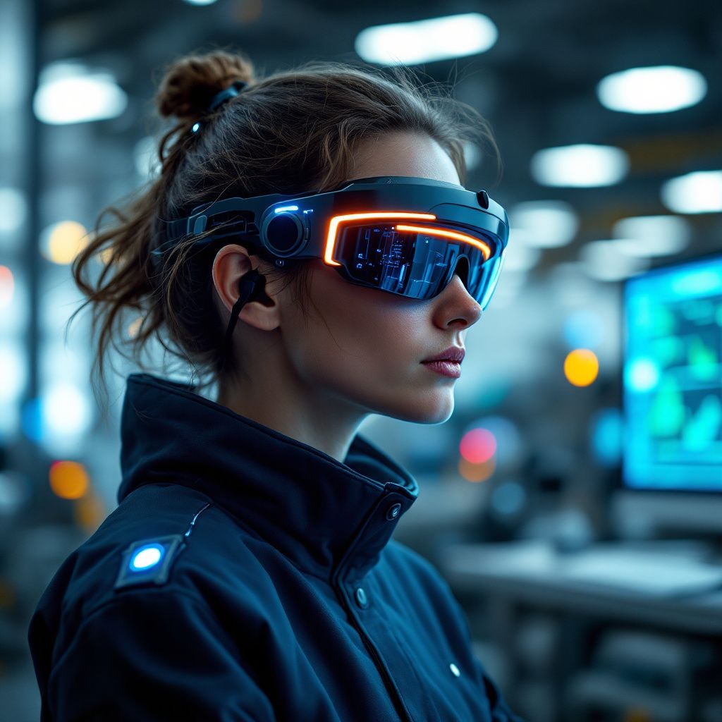 Mit fokus er at skabe et dokumentaristisk og realistisk billede, der abstraherer fra direkte menneskelige elementer, men alligevel formidler den dybe indvirkning, AI wearables kan have på nutidens arbejds- og innovationsmiljøer. Forestil dig et optagelsesscene taget i en moderne, avanceret produktion eller et teknologisk forskningslokale, hvor et stort, åbent område domineres af en række futuristiske, men virkelig designede wearables og interaktive enheder: senest generelle smartbriller, der er tydeligt multifunktionelle, med synlige LED-linjer og sensorer, som er integreret i en teknologisk fuldendt struktur. Disse enheder ligger på borde eller bæres i laboratorier, hvor deres funktioner aktivt testes og demonstreres gennem visuelle grafer og data, der projiceres på vægge eller store display screens, uden direkte menneskelige ansigter eller personer ved skærmene. Dette billede fokuserer på den effekt, AI wearables har i innovative produktions- eller forskningsmiljøer, hvor data flyder gennem luften og visua