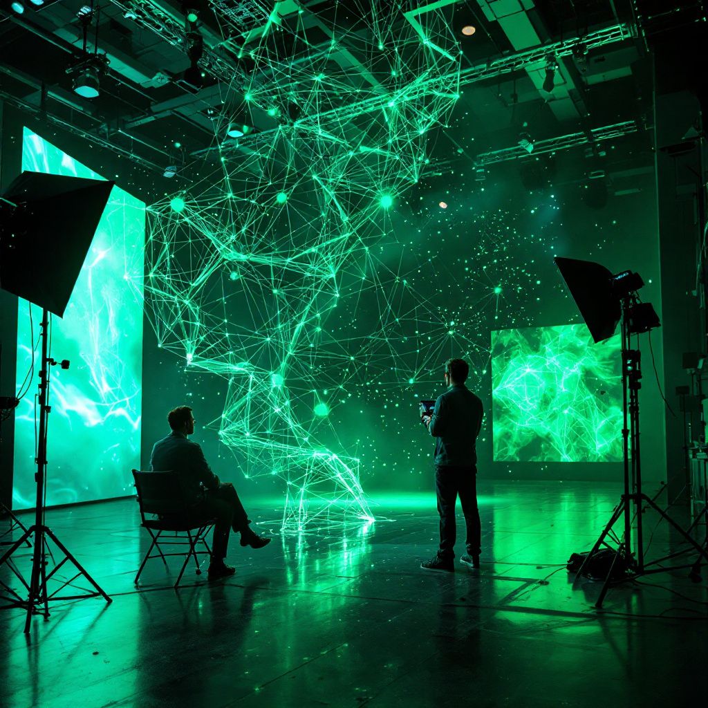 Det mest fængende og spændende foto, der kan visualisere emnet om AI-drevne videooversættere og lip sync teknologi, er et dokumentaristisk billede af en nutidig produktions- eller green screen-situation, hvor et kamera tager optagelser af en tør, stilfuld arbejdsstation med avanceret udstyr. I fokus står en stor, flad skærm, hvor digitale lag af real-time oversættelse og lip sync visualiseres gennem komplekse, abstrakte grafikbannere, der flyder frem og tilbage som livlige datastrømme. Der er ingen mennesker i fokus, men stemningen af høj teknologi og sofistikeret produktion er tydelig, eksempelvis ved at vise en kalkulerende digital visning af mundbevægelser og lydspektre, der projiceres i luften foran skærmen. Lyset er køligt og neutral, hvilket fremhæver dataen og prioriterer det dokumentaristiske aspekt af denne avancerede teknologi i nutidens produktion. Billedet illustrerer den tilsyneladende magi bag AI-oversættelse og lip sync, hvor komplekse datastrømme frigives og visualiseres, uden at det er overd