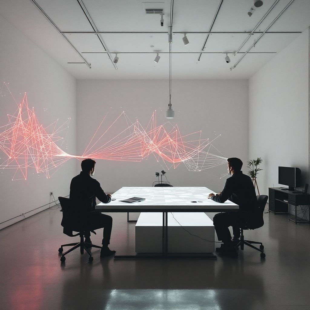 Det mest fængende og spændende foto, der bygger på abstrakte repræsentationer af emnet, kunne være et dokumentaristisk billede af et moderne, stilrent produktionsmiljø, hvor en stor, gennemsigtig skærm dominerer rummet. På skærmen er en dynamisk visualisering af lyd- og videobevægelser, som er overvåget af et netværk af subtile, pulserende LED-linjer, der symboliserer den komplekse databehandling. Rundt om står få komponere og teknikere i baggrunden, deres tilladte bevægelser og parallelt arbejde antyder en avanceret, men kontrolleret proces, der faciliterer teknologiens præcise oversættelse af mundbevægelser og lyd, uden at indhylle det i sci-fi elementer. Billedets fokus er på at illustrere den komplekse, men alligevel dagligdags erfaringsbaserede proces, hvor data visualiseres som abstrakte lysskulpturer, der flyder i et roligt, men højteknologisk miljø. Dette billede afspejler teknologiens effekt i nutiden – en integreret, næsten usynlig kraft, der arbejder i baggrunden for at skabe troværdige, kulture