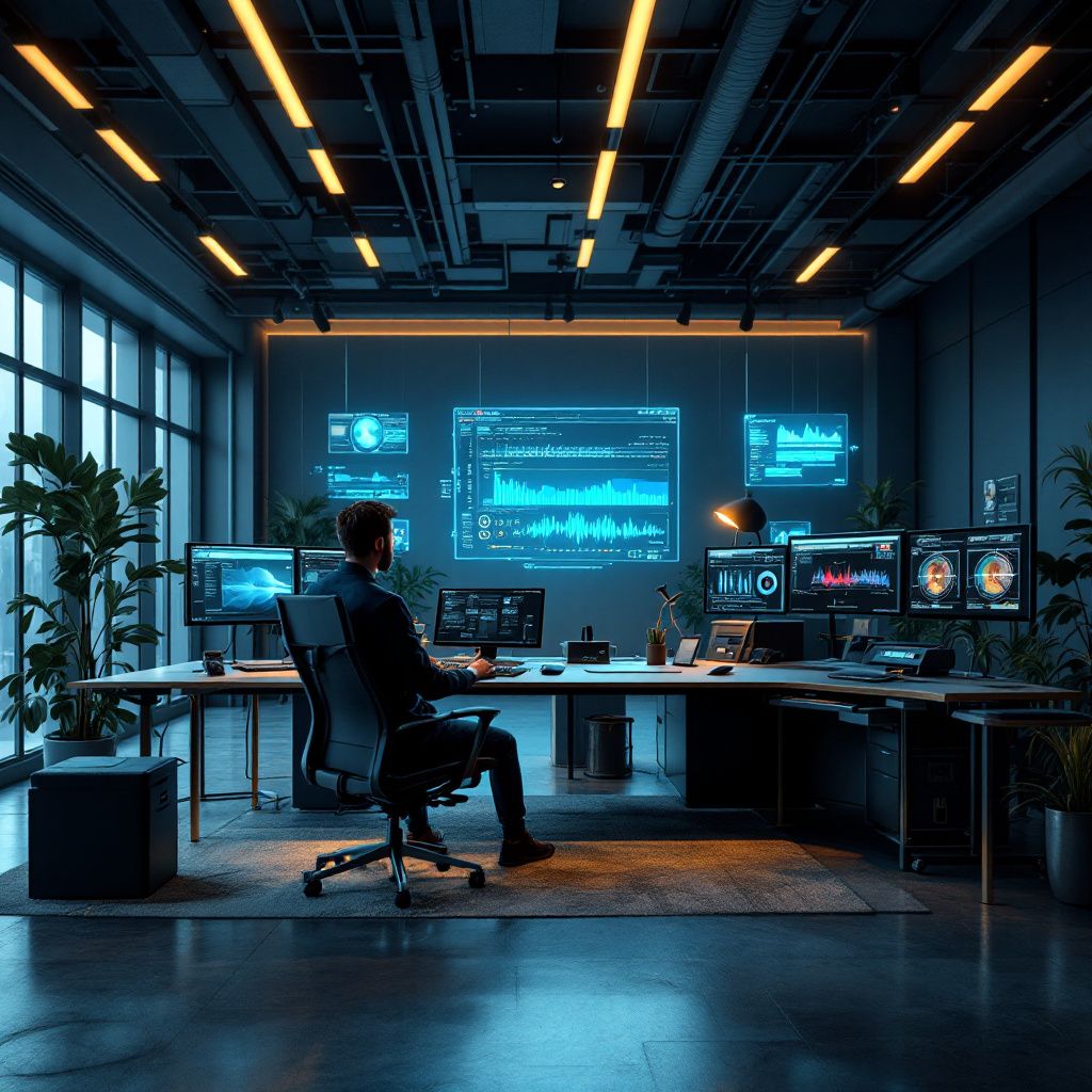 Det mest fængende og relevante billede, der kan visualisere den teknologiske transformation i videooversættelse, er en dokumentaristisk optagelse af en moderne, bynær produktions- eller oversættelsesfacilitet, hvor avancerede, diskrete AI-enheder er integreret i den daglige arbejdsgang. Billedet viser en rolig, men futuristisk indretning med stilfulde arbejdsstationer uden mennesker, men med subtile spor af aktivitet – en række digitale skærme, mikrofoner og high-tech modules, der er arrangeret harmonisk. Fokus ligger på en enhed, der visualiserer stemmekloning og tekst-til-synkronisering gennem nuancerede, lysende LED-linjer, der symboliserer dataflow og intelligens uden overdrivelse, sat i et miljø, hvor teknologi arbejder i baggrunden for at at skabe troværdighed og autenticitet. Billedet skal vise et realistisk miljø, hvor teknologi er integreret i hverdagen — eksempelvis en kontor- eller studieinfrastruktur, hvor automatiserede workflows, digitale visualiseringer af sprog- og talepatterns samt avancered