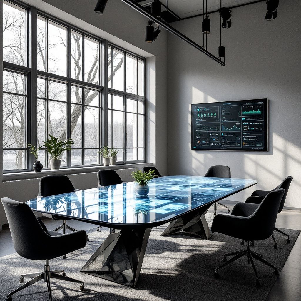 Det mest fængende og spændende foto, der illustrerer emnet i artiklen, kunne visualisere en moderne, nytidig arbejdsplads miljø, hvor teknologiens effekt er tydeligt manifesteret i den fysiske omverden. Forestil dig en rummelig, minimalistisk kontoret med store vinduer, hvor naturligt lys strømmer ind og reflekteres på en stor, elegant bordplade. Over det centrale bord svæver en stor, transparent holografisk skærm, der abstraherer komplekse datastrømme og AI-visualiseringer i farverige, dynamiske mønstre, uden at vise mennesker direkte — kun data, animationer og symbolske former, der illustrerer hurtig dataanalyse, automatisering og integration i det daglige arbejdsliv. Dette fanger teknologiens rolle i at omforme og effektivisere arbejdsgange i nutidigt erhvervsliv på en realistisk, dokumentarisk måde uden at være cliché. Billedet symboliserer effektivitet, innovation og fremtidens automatisering uden at fokusere på personer eller standere, men i stedet på den abstrakte kraft af avanceret AI-teknologi, der