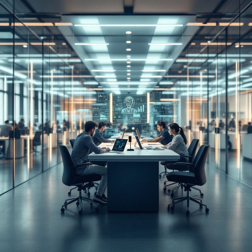 Det mest fængende og spændende billede, der kan visualisere denne artikel, er en dokumentaristisk scene af en travl, moderne arbejdsplads, hvor en teknologisk innovation er i centrum uden direkte at vise personer ved computerne. Forestil dig en større, lyst rum med store glasvægge, hvor en central installation – en futuristisk, men realistisk AI-agtig enhed – er synlig, omgivet af en symfoni af transparente skærme og grafikker, der viser AI-data og realtidsinformation. Atmosfæren er præget af den puls, der opstår, når højteknologisk udvikling møder hverdagens arbejdsprocesser, med lette refleksioner, lysstriber fra skærme og subtile miljøelementer som moderne møbler og grønne planter, der symboliserer innovationens integration i det produktive miljø. Dette billede fanger både teknologiens potentiale og dens virkelighed i nutidens miljøer, uden at fokusere på enkeltpersoners ansigter eller mere typiske kontor- eller hjemmecomputersituationer .