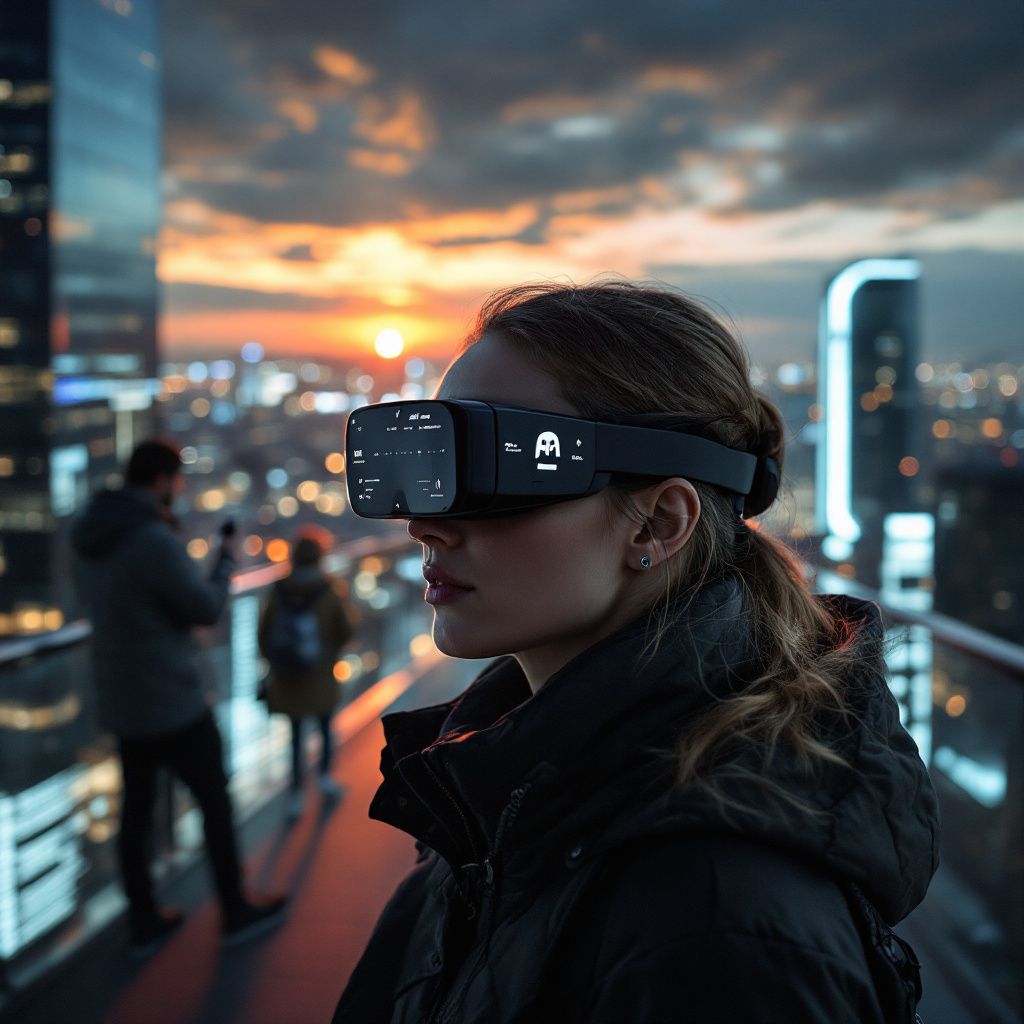 Det mest fængende og spændende foto, der abstrakt repræsenterer emnet i midtersektionen, bør visualisere en dynamisk og teknologisk avanceret hverdag, hvor AI i wearables bliver en integreret del af det almindelige miljø. Forestil dig en stor, moderne by med gader fyldt med folk, der elegant bruger Meta’s smart-briller og wearables i deres daglige aktiviteter, såsom at navigere gennem byen, kommunikere, eller deltage i fysiske træningsrutiner – men uden mennesker i fokus. Det hele ses fra et højt, dokumentaristisk perspektiv, hvor fokus er på den subtile symbiose mellem mennesker, teknologi og omgivelser – eksempelvis en person, der går gennem en bypark med glimt af digitale informationer, der flyder rundt om deres hoved, som en refleksion af, hvordan AI-wareables påvirker det moderne liv. Billedet fanger en realistisk livssituation, hvor den fremtidige teknologi er usynlig, men alligevel dybt integreret i dagsdagen. Lyset er naturligt, men med farvestrålende refleksioner fra digitale skærme og LED-elemente