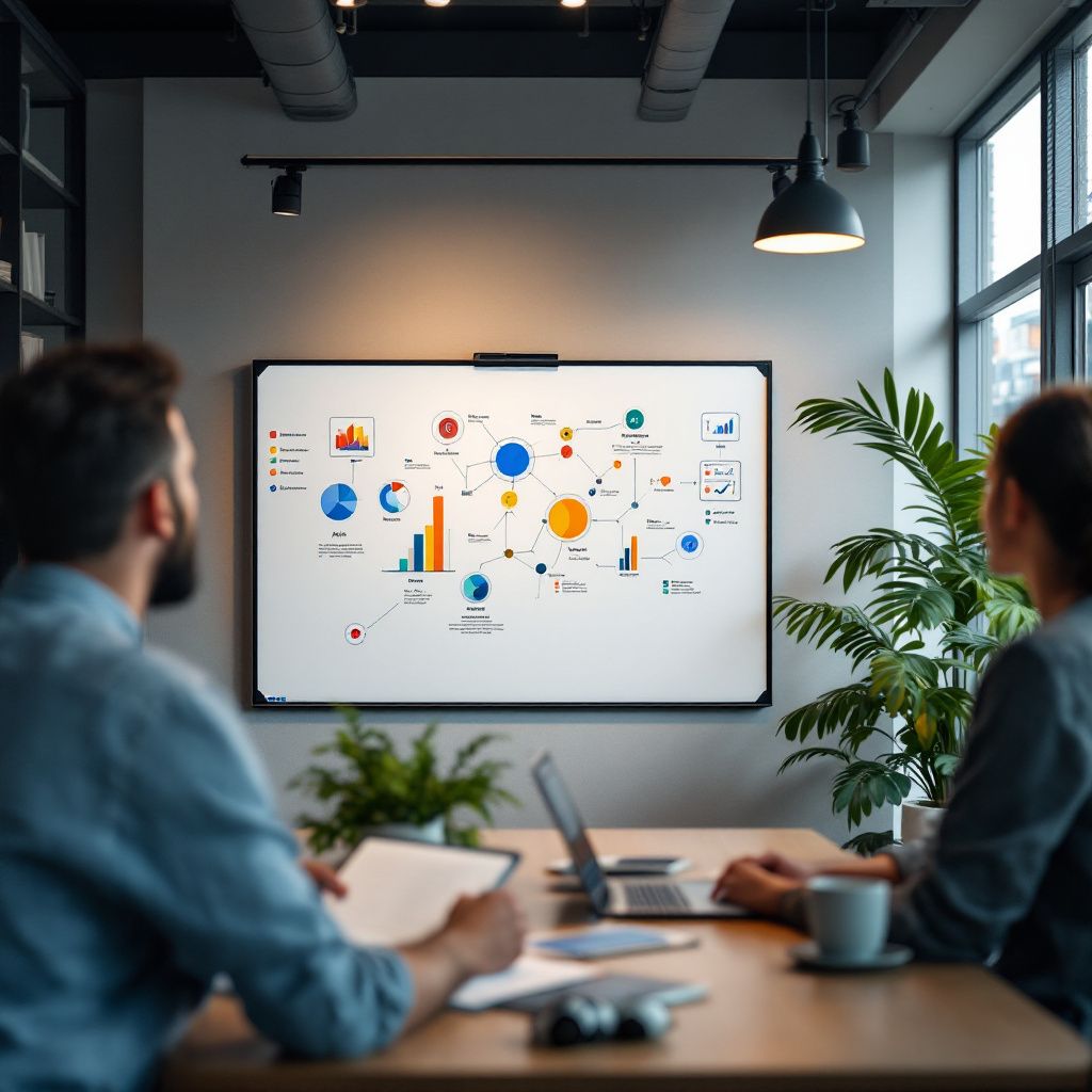 Det mest fængende og spændende foto, der realistisk og dokumentaristisk illustrerer emnet om AI’s rolle i moderne iværksætteri, kan være et billede af en innovativ startup-arbejdsplads i et nybygget, moderne miljø, hvor teknologi er integreret i dagligdagen. Forestil dig et rum med åbne arbejdsstationer, hvor små teams arbejder i samspil med smarte AI-værktøjer, f.eks. digitale whiteboards med komplekse interaktive grafer og diagrammer, der visualiserer AI-assistenter, der hjælper med forretningsudvikling. Uden mennesker i fokus kan billedet afspejle den uundværlige struktur af data, kodnings- og analyseværktøjer, der er dybt integreret i det økosystem, startup-virksomheder opererer indenfor, hvilket illustrerer, hvordan AI er med til at drive processen fremad i praksis. Effekten skabes gennem en naturlig belysning, der fremhæver de cirkulære dataflows, skjulte maskiner og digitale forbindelser, hvilket giver et autentisk, men futuristisk udtryk uden at overdrive. Billedet understreger balancen mellem teknis