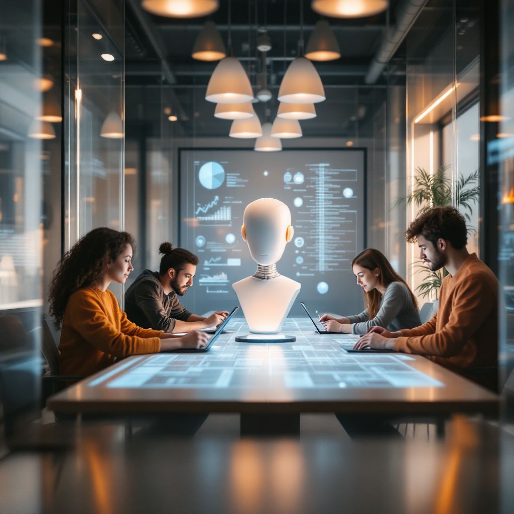 Det mest fængende og realistiske billede, der afspejler den centrale rolle, AI spiller i moderne iværksætteri, kunne være en scenarie i et innovativt coworking-space eller iværksættermiljø, hvor teknologi og kreativitet mødes i praksis. Forestil dig en scene, hvor unge iværksættere arbejder med digitale tabletter og prototyper på et åbent bord, omgivet af vægge med store, transparente skærme, der viser dynamiske data, grafer og AI-modeller i realtid. I midten står en smart, minimalistisk tablettypeklædt model, der symboliserer AI-værktøjets integrering i deres arbejdsproces; dens design er subtilt futuristisk, men uden at overdrive sci-fi-elementer. Lyset er blødt, men fokuseret, således at det understreger intensiteten og den systematiske tilgang til innovationen, samtidig med at den menneskelige indsats og samarbejde fremstår som bærende elementer. Baggrunden er en moderne, industriel atmosfære med åbne lofter, synlige ventilationsrør og en række grønne planter, som understreger bæredygtigheden og den nære