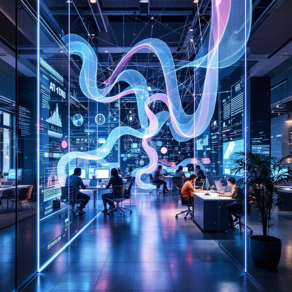 Forestil dig et nærbillede af en moderne iværksætter i et livligt, futuristisk coworking-miljø, hvor selve rummet er en abstrakt repræsentation af den digitale verden. Vægge består af transparente, lysende paneler med dynamiske matematiske diagrammer og netværksstrukturer, der symboliserer AI’s værktøj i startup-processen. I midten stråler et amorf, iriserende lysskær, der repræsenterer AIs hyper-effektive værktøjskapacitet — et rørformet lysnet, der snor sig gennem rummet og forbinder forskellige dele af miljøet, hvilket illustrerer integrationen af AI i hele virksomhedsprocessen. Rummet er fyldt med subtile symbolske elementer: små holografiske projektioner af forretningsplaner, datastrømme, og små ikoner af kunder og markeder, der flyder gennem luften, optaget af de virtuelle netværk. Dette billede afspejler, hvordan AI fungerer som en integreret, usynlig kraft i nutidens iværksætteri — en medskabende faktor, der accelererer processer og udvider muligheder, uden at menneskerne nødvendigvis er direkte til