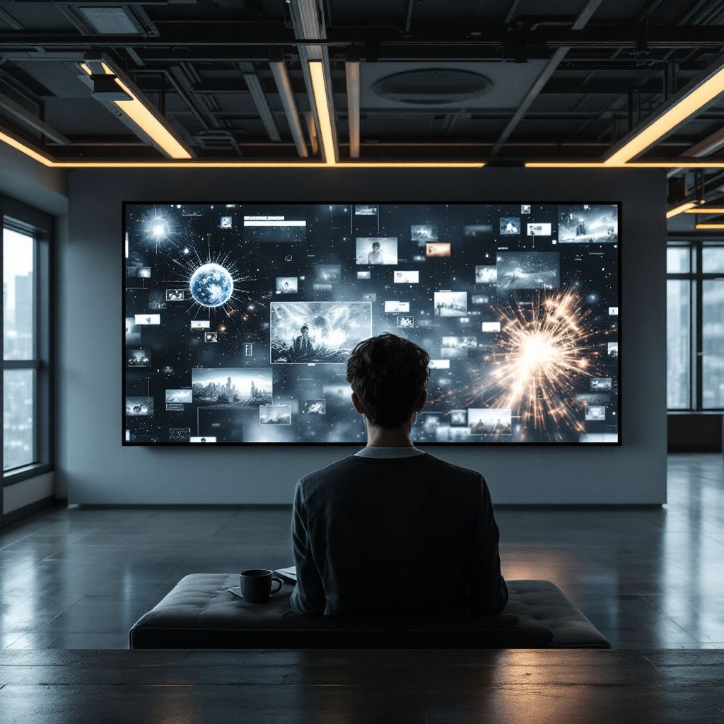Det mest fængende og relevante billede, der kunne visualisere artiklens emne sker gennem en dokumentaristisk og realistisk tilgang, uden at bruge cliché-lignende sci-fi elementer. Forestil dig en dagligdagssituation i et moderne, ansigtløst arbejdsområde, hvor en stor, kridhvid LED-skærm eller en digital smart- væg er integreret i en funktionel, æstetisk indretning. På skærmen vises en flydende animation af gamle, statiske fotos, der forvandler sig til levende segmenter – små video-uddrag, tekstbeskeder og muted lydspor, der præsenterer each foto i en ny, engagerende kontekst. Rige, varme farvetoner fra det naturlige lys, der strømmer ind gennem store, brede vinduer, skaber en sømløs overgang mellem det analoge og det digitale, mens en gruppe medarbejdere (uden at fokusere på ansigter) interagerer med teknologien gennem gestikulationer, smartphone-optagelser og tablets. Dette billede portrætterer i praksis, hvordan AI-drevne foto-til-video værktøjer kan give liv til store arkiver af stillbilleder i nutidens 