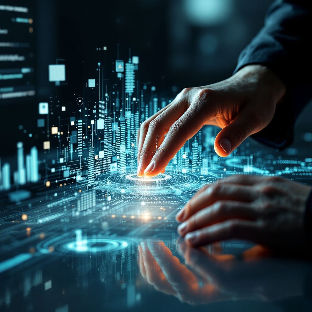 Det mest fængende og spændende foto, der uden at være cliché dokumentaristisk kan visualisere effekten af agentisk AI i nutiden, ville være en nærbilleddetalje af en virksomhedskontorplads, hvor teknologien er integreret i det daglige miljø. Forestil dig en moderne, minimalistisk arbejdsstation med en holografisk projicering af komplekse datamønstre, der svæver over et bord eller en væg, symboliserende AI’s autonome beslutningstagen. I det forreste plan kan der være en hånd, der forsigtigt justerer en fysisk kontrol eller et interface, hvilket understreger menneskets behov for ansvarlig styring, mens den bagvedliggende scene viser en travl, næsten ukendt baggrund af medarbejdere, der arbejder uforstyrret. Billedet skal formidle en balance mellem teknologiens kraft og menneskets kontrol, uden direkte at skildre mennesker ved computere, men i stedet fokusere på miljøet, visualiseringen af data samt det abstrakte samarbejde mellem menneske og maskine.
Dette billede understreger den aktuelle udvikling, hvor AI’s