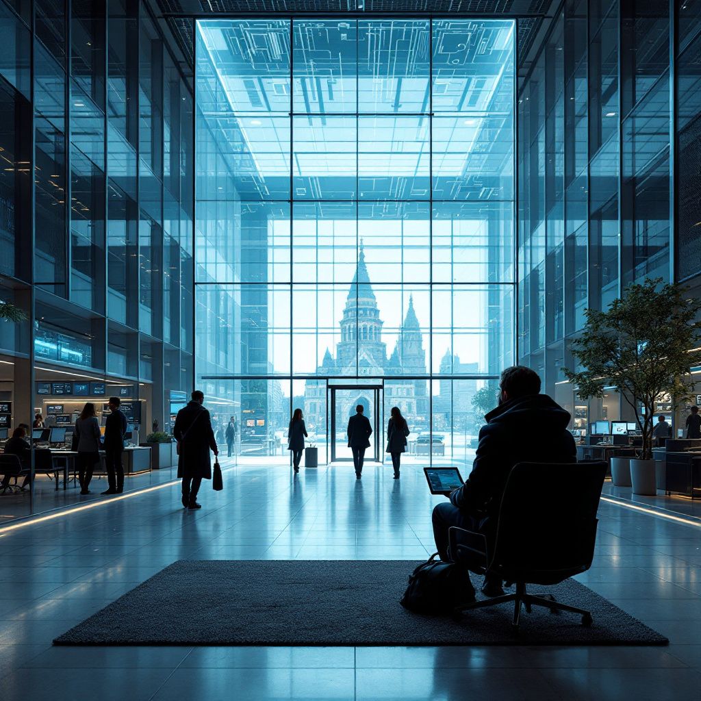 Det mest fængende og spændende fotografi, der afspejler den sidste del af artiklen, vil være en dokumentaristisk, realistisk scene, hvor teknologi er integreret i hverdagslivets struktur uden at vise personer ved computerskærme. Forestil dig en moderne, lysebeige kontorbygning i en aktiv by, hvor en stor, transparent skærm i lobbyen viser live data og AI-styringsvisualiseringer i realtid. Langs væggen er fleksible skillevægge, der symboliserer dynamisk kontrol, og i baggrunden ses et område med digitale paneler, der overvåger AI-systemernes beslutninger — en visualisering af, hvordan styring og ansvarlighed omsættes til fysisk miljø. Dette scene viser, at AI er blevet en usynlig, men overvåget kraft i den daglige drift, uden at fokusere på personer, men på det fysiske miljø og teknologisk infrastruktur, hvilket understreger behovet for gennemsigtighed og kontrol i en moderne, anvendelsesbaseret virkelighed.
Dette billede kommunikerer, hvordan agentisk AI er fuldt integreret i erhvervslivets mat