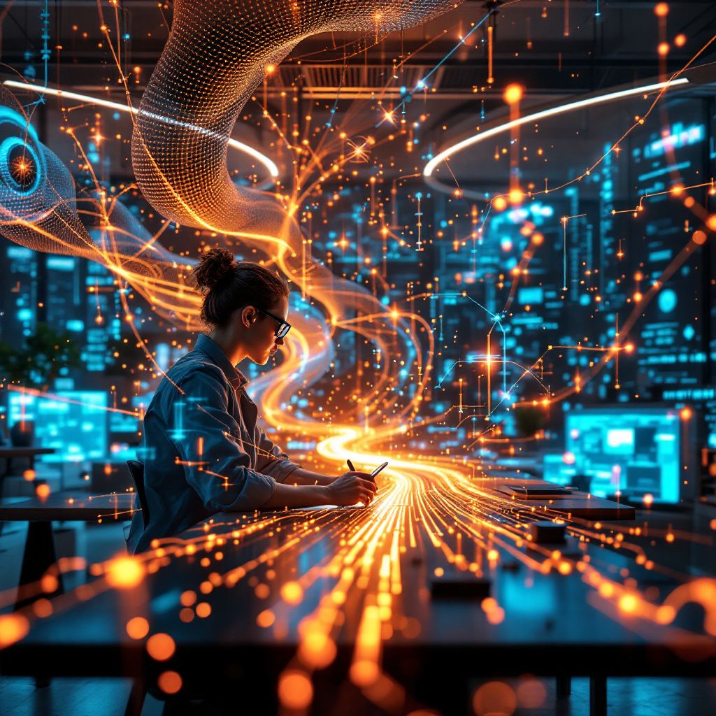 Det mest fængende og spændende billede, der afspejler emnet i første tredel af artiklen om VibeSDK, ville være en realistisk dokumentarisk scene fra en moderne udviklings- eller innovationslaboratorie. Forestil dig en futuristisk, men realistisk arbejdsrelateret setting, hvor et dynamisk miljø er præget af abstrakte, datadrevne visualiseringer — såsom flydende, digitale datastrømme, lyserøde og blå bånd af kodemønstre, der svejser gennem luften, og holografiske skærme, der projicerer komplekse AI-processer i atmosfæren. I midten står en gruppe af udviklingsledere og AI-arkitekter, hvor fokus er på interaktion med intuitive digitale elementer, uden menneskelige personer i fokus, men hvor miljøet afspejler en højteknologisk, men alligevel hverdagsting miljø, hvor teknologien er integreret i det kollektive tankegods. Dette billede skaber en stærk visuel symbolik for den avancerede, men tilgængelige AI-udvikling via VibeSDK, med vægt på innovation, sikkerhed og hastighed, samtidig med at det undgå
