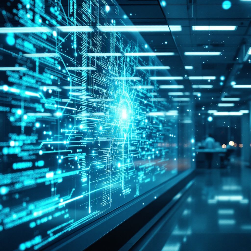 Forestil dig et realistisk, dokumentaristisk foto, der fanger den rigtige effekt af den nyeste AI-teknologi i det moderne miljø uden at vise mennesker direkte ved computere. Bildet viser en avanceret, sundheds- eller produktionsindustri, hvor en stor, transparent digital displayvæg dominerer rummet. På displayet er abstrakte, geometriske repræsentationer af datastrømme, som flyder som flydende, lysende virtualiserede nervenetværk, der symboliserer AI’s kodningsprocesser og systemintegrationer — eksempelvis bløde, luminøse linjer, der krøller og krydser hinanden i et organiseret kaos, symptomatisk for komplekse kodningsmiljøer. Rummet er oplyst med bløde, blålige og grønne LED-lys, der reflekterer en futuristisk, men alligevel realistisk hverdag, hvor teknologi uden personligt præg arbejder i baggrunden af et højteknologisk miljø. I baggrunden ses strukturer, arbejdsstationer og data-warehousing områder, hvor udstyr er organiseret uden menneskelige omkostninger, hvilket understreger, at teknologien driver sit