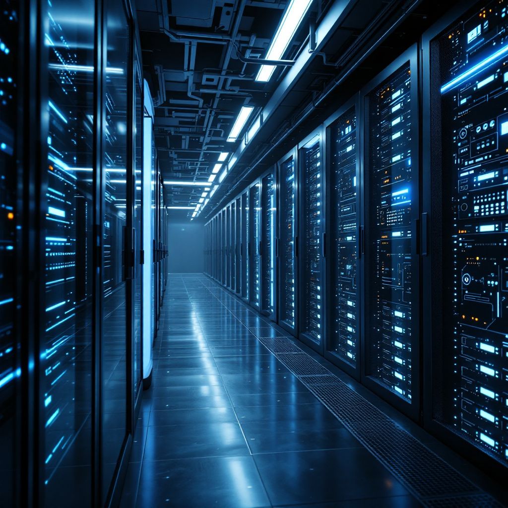 Forestil dig et dokumentaristisk, realistisk billede af en moderne, stilfuld datacenter- eller forskningsfacilitet, hvor den visuelle fokus er på de enorme, kraftfulde maskiner og infrastrukturen bag AI-udviklingen. Billedet viser en indendørs scene med en kombination af avancerede serverrækker, kølesystemer og dataudstyr, der fylder rummet med sofistikeret teknologi. Farverne er dæmpede, med nuancer af blå, grå og metal, hvilket understreger seriøsiteten og den enorme kapacitet, der ligger bag den innovationsproces, artiklen beskriver. I det fjerne kan man se subtile lysstriber eller LED-linjer, der symboliserer data- og energiflow, uden at det bliver science-fiction-agtigt – det er en realistisk hverdagsscene med fokus på den omfattende infrastruktur. Dette fotografi illustrerer den massive energi- og datafacilitet, som er nødvendig for at understøtte den næste generation af AI-teknologier. Det afspejler en virkelighedsbaseret hverdag for de ingeniører, teknikere og dataforskere, der arbejder bag scenen fo