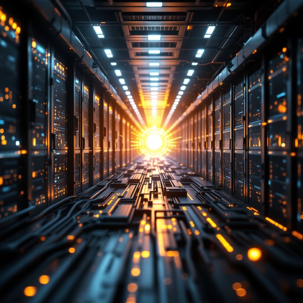 Forestil dig et fotografi, der formidler den enorme, komplekse og abstrakte energistrøm, der driver de nye datacentre i Stargate-projektet. Billedet skildrer en mørk, futuristisk energifixtur i et nybygget datacenter uden menneskeforankring; tusindvis af lagdelte kabler som glødende blodårer, der snor sig gennem rummets kolde, industrielle struktur. I midten er en konceptuel, 3D-repræsentation af et massive energiniveau, visualiseret som pulserende, bølgende lysbølger, der gennemstrømmer kabler og serverrækker, hvilket symboliserer den utroligt høje kapacitet på 7 gigawatt. Lyset skifter subtilt i farver takket være en forkromet, avanceret kosmetisk effekt, hvilket giver en ægte, dokumentarisk følelse af teknologiens kraft uden at overdrive – det er en realistisk, men stærk visualisering af energistrømmenes volumen og intensitet, hvilket afspejler den enorme kapacitet og kompleksiteten bag OpenAIs infrastrukturudvidelse .