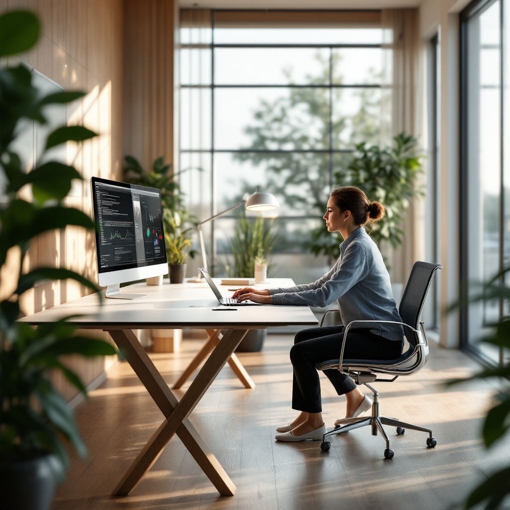 Det mest fængende og spændende foto, der illustrerer emnet om fremtidens arbejdsplads gennem en dokumentaristisk og realistisk tilgang, kunne være et nærbillede af en moderne arbejdsstation, hvor teknologi integreres i dagligdagen på en subtil, men kraftfuld måde. Forestil dig en arkitektonisk stilfuld kontorindretning, hvor organiske former og naturligt lys skaber en harmonisk ramme. Midt i billedet er en enkel, minimalistisk bordplade med integrerede sensorflader, der flydende tillader interaktion uden synlige kabler – en visuel metafor for teknologien som en sømløs del af menneskets hverdag, ikke dominerende, men indlevende. Rummet omkring afspejler en tooing af refleksion og samarbejde, med små, subtile elementer som en plantesamling, som antyder trivsel, og en holografisk projection af data, der symboliserer den strategiske vægt af teknologi i organisationen. Billedet formidler hvordan avanceret, men usynlig teknologi er en integreret del af en terapeutisk og produktiv arbejdsdag, hvor naturlige materia