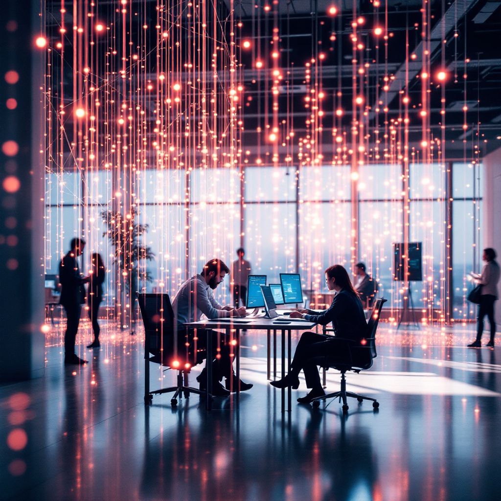 Det mest fængende og spændende billede, der realistisk afspejler emnet i den centrale del af artiklen, kunne være en abstrakt men dokumentaristisk visualisering af en moderne arbejdsplads, hvor teknologi og menneskelighed mødes i et dynamisk miljø. Forestil dig et prisværdigt fotografi taget i et åbent, lyst kontorlandskab, hvor komplekse, men æstetiske dataflow og netværkslignende strukturer strækker sig gennem rummet i form af subtile, farverige lysstrømme, der symboliserer AI’s indflydelse på arbejdsorganisering. Disse lysstrømme integreres med naturlige elementer som planter og multifunktionelle arbejdsstationer, hvilket kan visualisere balancen mellem teknologi og medarbejdertrivsel uden direkte menneskefokus, men i stedet gennem symbolik for forbedret samarbejde og organisatorisk udvikling. Denne komposition skal fremstå realistisk og kraftfuld, med fokus på dagens miljø, hvor dataintegration og socialt samspil illustreres gennem lysspil, skygger og teksturer i et moderne kontormiljø .