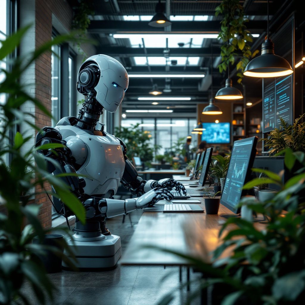Mit udgangspunkt er at skabe et fotografi, der abstraherer det komplekse forhold mellem teknologi og arbejdspladsen i nuet, med en dokumentaristisk og realistisk stil. Billedet kan fremstå som en kontekstuel scene, hvor man ser en moderne, urban arbejdsplads uden personer, men med tydelige symboler på digitalisering og automatisering, eksempelvis en enkel arbejdsstation med en avanceret robotarm eller en digital skrivebordsskærm med datavisualiseringer, omgivet af organiske elementer som planter eller naturlige materialer for at understrege balancingen mellem teknologi og trivsel. Det er vigtigt, at billedet formidler en følelse af, at denne teknologi er integreret i og påvirker vores daglige liv og arbejdsmiljø i det nuværende samfund, uden at virke futuristisk eller sci-fi-præget, men med en ægte og håndgribelig fornemmelse. Dette kan visualiseres gennem en scene med en åben, tidssvarende kontorindretning, hvor fokus er på miljømæssig og social balance, eksempelvis et rum med moderne trædetalje