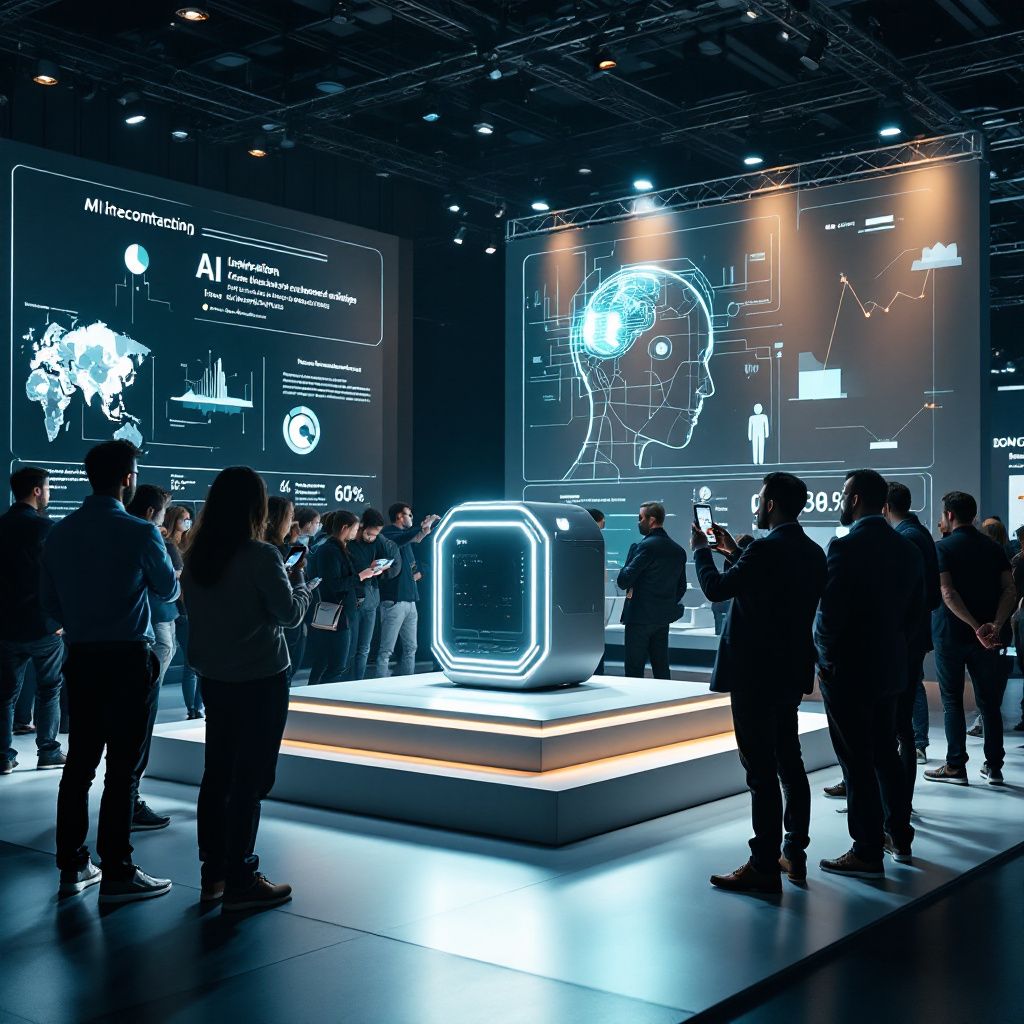 Det mest fængende og realistiske billede, der kan illustrere emnet i den centrale del af artiklen, er et dokumentaristisk foto af en moderne, velbesøgt erhvervsmesse eller konferencehal, hvor AI-teknologi er i fokus. Billedet viser en stor, oplyst stand med en minimalistisk, futuristisk AI-enhed — eksempelvis en slank, sort supercomputer med diskrete LED-linjer — placeret på et rent, professionelt podium af glas eller metal. Omgivet af en divers gruppe af besøgende, brandingfolk eller branchefolk, der aktivt studerer en skærm eller infografik, peger eller tager billeder. Baggrunden domineres af store LED-skærme, der visualiserer komplekse data eller AI-processer, mens hallens naturlige lys og moderne arkitektur understreger den teknologiske udviklingsretning og innovationens energi. Bildet illustrerer således den praktiske, daglige anvendelse af AI i en nutidig kontekst, hvor teknologi er et omdrejningspunkt for både inspiration og strategisk beslutningstagning i erhvervslivet.