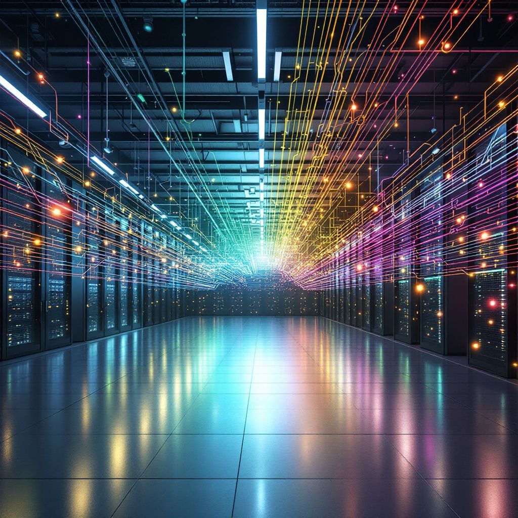Det mest fængende og spændende billede, der bygger på en abstrakt, realistisk repræsentation af emnet, kunne være et kompositbillede, der visualiserer IT-infrastrukturens komplekse netværk som en pulserende, levende organisme. Forestil dig en moderne, industriel setting med et stort, åbent rum, hvor tusindvis af små lysende fibre og kabler i skiftende farver—blåt, grønt, violet—strækker sig ud i alle retninger, symboliserende AI-chipsets samarbejde. Disse fibre gør gradvist overgang til en størrelse, der minner om nervebaner, der forgrener sig og samles i en central, invisibel kerne — en metafor for den samlede processingkraft. Omgivet af en minimal, men sofistikeret setting med store, transparente dataskabe, der indeholder skiftende lysspænd i takt med dataflow, skaber billedet en følelse af, at teknologiens indre liv ikke blot er maskiner men en pulserende, integreret helhed. Her er fokus på detaljer: subtile refleksioner af lys i metaloverflader, skiftende farver, der symboliserer dataudveksling, og en e