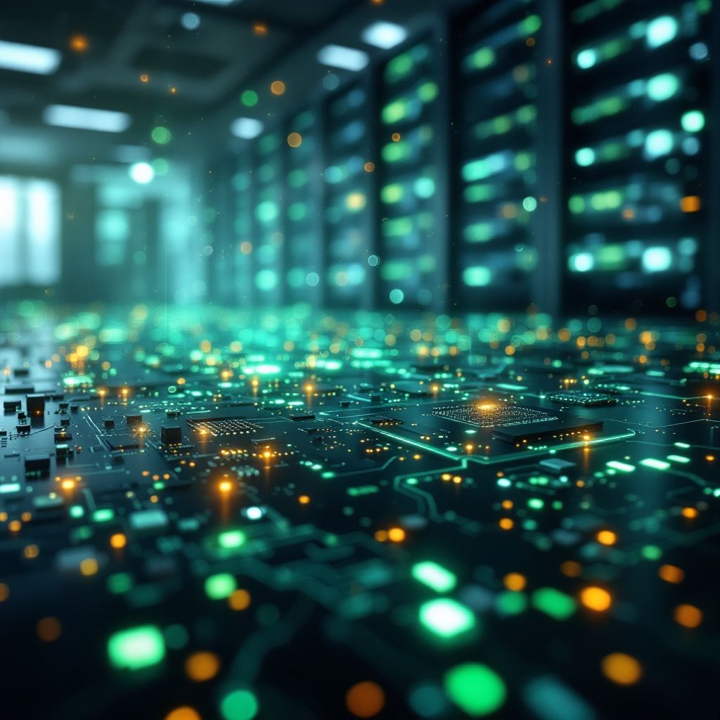 Det mest fængende og spændende foto, der fanger essensen af Huaweis banebrydende AI-infrastruktur, er en dokumentaristisk, realistisk gengivelse af en travl, moderne data-center eller AI-operationsrum. Billedet viser en ekspansiv, kontrolleret teknologisk scene, hvor tusindvis af chips og optiske kabler er spredt ud i et stort, organiseret netværk, der symboliserer den samlede kraft og skalerbarhed af Huaweis UnifiedBus 2.0. Det er en atmosfære præget af præcision, hastighed og potentiale, med subtile detaljer som grønne indikatorlamper og lave, lyddæmpede console-skærme, der visualiserer high-end databehandling i realtid. Den dybe fokus og lave perspektiv skaber en følelse af, at man står midt i en kritisk operation, hvor teknologiens kompleksitet og robusthed tydeligt fremgår uden at overdrive. I baggrunden ses en stor LED-skærm, der viser en kraftfuld visualisering af AI-organisationens netværk med dynamiske grafikker og dataflow, der illustrerer den enorme båndbredde og lav latenstid. Den indrammende kom