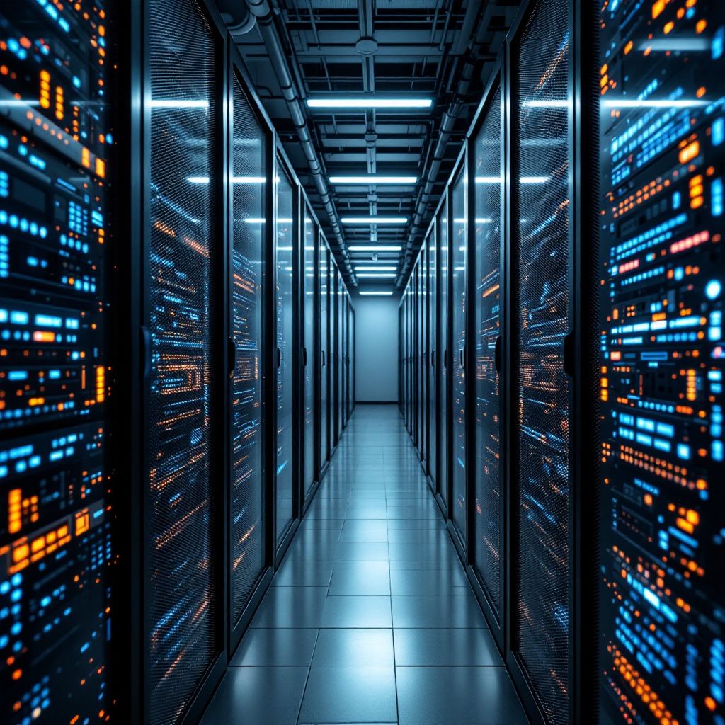Det mest fængende og spændende foto, der illustrerer emnet om AI-infrastrukturens magtspil, kunne være en dokumentaristisk scene af en moderne, velbelyst datacenterhal. Billedet viser en stor, strømlinet serverrack med adskillige, LED-opplyste chips og komponenter, der symboliserer den hårde, fysiske infrastruktur bag AI-fronten. Rundt om serverne ses en lav, diffus belysning, der understreger teknologiens præcise og strukturerede natur, uden at fokusere på personer, hvilket bevarer realismen og autenticiteten. I baggrunden er der en stor, oplyst skærm, der viser komplekse grafer og datafeeder, som visualiserer den enorme data- og regnekraft, der kæmper om at kontrollere markedet – alt i en stil, der antyder den strategiske kamp mellem de store aktører. Billedet fremhæver den konkrete teknologi, uden at overdrive, og skaber en visuel metafor for AI-infrastrukturens magtspil gennem stilfærdig, realistisk kritik og abstrakt symbolik .