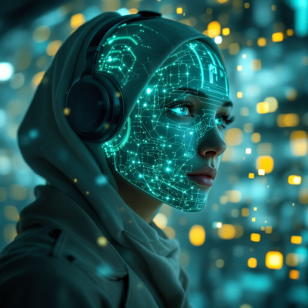 Billedet jeg forestiller mig er en dokumentaristisk, realistisk scene i et moderne, travlt teknologi- og innovationsmiljø – typisk en stor, officiel AI-udstilling eller et forskningslaboratorium. Det viser et billede af en stor, transparent glasvæg, hvor et utroligt komplekst netværk af farvede, manuelle ledninger og subtile LED-lysformer er arrangeret som en symbolsk, abstrakt repræsentation af AI-infrastruktur og datadeling. Disse ledninger undgår direkte person- eller maskindetaljer og skaber i stedet et visuelt lag af dynamiske databroer, netværk og informationsstrømme, der flyder gennem konstruktionen – et slags visualiseret energiflow, hvor data strømmer som lysstriber gennem et struktureret, men kaotisk netværk. Omgivet af stille observatører—ingen mennesker i fokus—fremstår hele scenen som en realistisk men kunstnerisk fortolkning af den skjulte digitale kraft, der understøtter AI-økosystemet. Dette kan være i et teknologimuseum, en forskningsfacilitet eller et åben innovationsmiljø, hvor man spejler