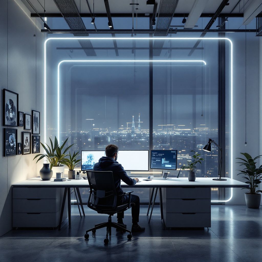 Billedet viser en ægte, dagligdags scenarie i et moderne open-source AI-innovationrum, uden mennesker i fokus. Fokus er på et rummeligt, lyst teknologisk miljø, hvor en række fremskredne servere og rack-udstyr er integreret i et åbent, minimalistisk setup, der fylder rummet med en underliggende følelse af kontrol og sikkerhed. Overfladerne reflekterer blødt lyssætning, der fremhæver de æstetiske, men alligevel meget funktionelle komponenter, mens subtile LED-lys ændrer farve i takt med data- og strømstrømme, der flyder gennem systemerne. Atmosfæren udstråler ro, præcision og en industriel elegance, hvilket symboliserer styrken og fleksibiliteten ved open-source teknologi, der er klar til at blive aktiveret i realtid. I baggrunden ses store, tydeligt synlige diagrammer og datastrømme projiceret på væggen, hvilket illustrerer den åbne transparens og den direkte forbindelse mellem hardware og software. Dette arrangement viser, hvordan moderne organisationer muliggør datasikkerhed, kontrol og tilpasning, præcis
