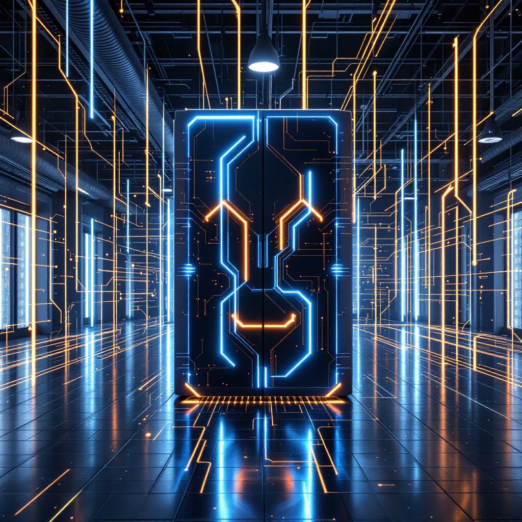 Forestil dig et nærbillede, hvor et moderne, industriel miljø er transformeret til en visuel symfoni af dataflydende linjer og abstrakte netværksstrukturer. I midten af billedet er en stor, slank supercomputeren, designet med bløde, organiske former og matte, dyb sorte overflader, der sammenkobles med LED-linjer i varme orange, blå og grønne nuancer. Disse linjer flyder ud fra maskinen som pulserende datastrømme, der snor sig gennem rummet i realistiske, dynamiske kurver, hvilket symboliserer den omfattende AI-infrastruktur, der strømmer og pulserer i realtid. Omkring maskinen er environmentmæssige elementer – isolerede røg- og støvskyer, der rejses af det kraftfulde maskineri, samt mere abstrakte visuelle metaforer som spredte digitale poetiske fragmenter, der illustrerer datadebiter og avancerede algoritmer. Billedet præsenterer et øjebliksbillede af en virkelighed, hvor teknologi er integreret i et eksternt,