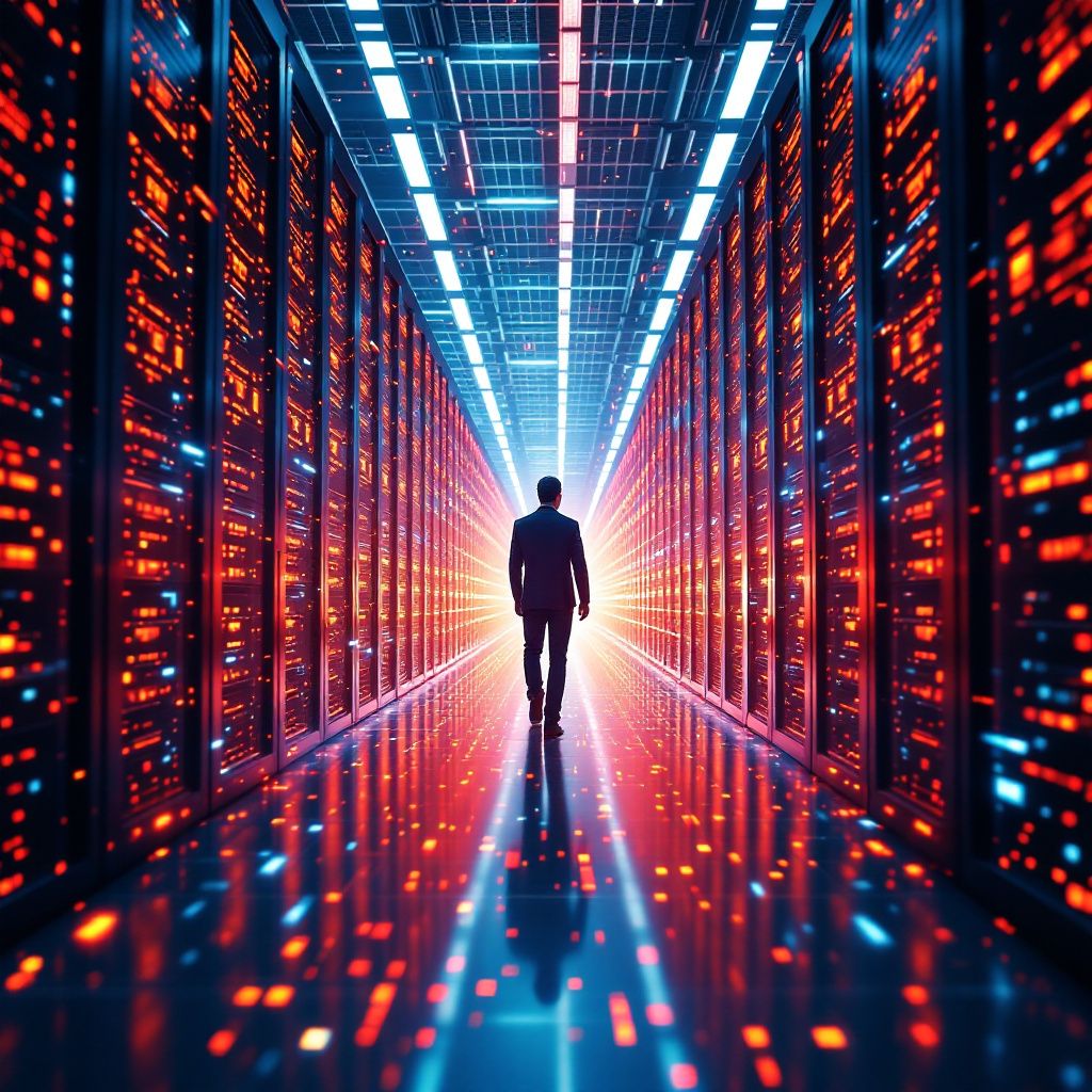 Forestil dig et fotografi, der fanger en travl, moderne datacenter-gade, hvor infrastrukturen ikke er en traditionel by, men et kvadrat af flydende, dynamiske datafloder. Disse datastrømme er visualiseret gennem farverige, abstrakte bånd af lys, der snor sig mellem gigantiske, industrielle datacentre, hver med utallige køleelementer og serverrækker, der udgør en kompleks, levende organisme. På afstand, men tydeligt fokuseret i midten, ses en kraftfuld, men minimalistisk optaget AI-kammerats supercomputer, som smelter perfekt ind i det digitale landskab gennem en mere jordnær, realistisk gengivelse – uden sci-fi-elementer – i et realistisk miljø, der illustrerer den globale infrastruktur, der understøtter AI-udviklingen i dag. Lyssætningen understreger det uendelige flow af data, med bløde kontraster mellem naturligt dagslys, der siver ind gennem industrielle vinduer, og de farverige, næsten elektriske lysstrømme over maskinrummet. Bildet fremhæver en kontekst af infrastrukturens kompleksitet og dens afgøren