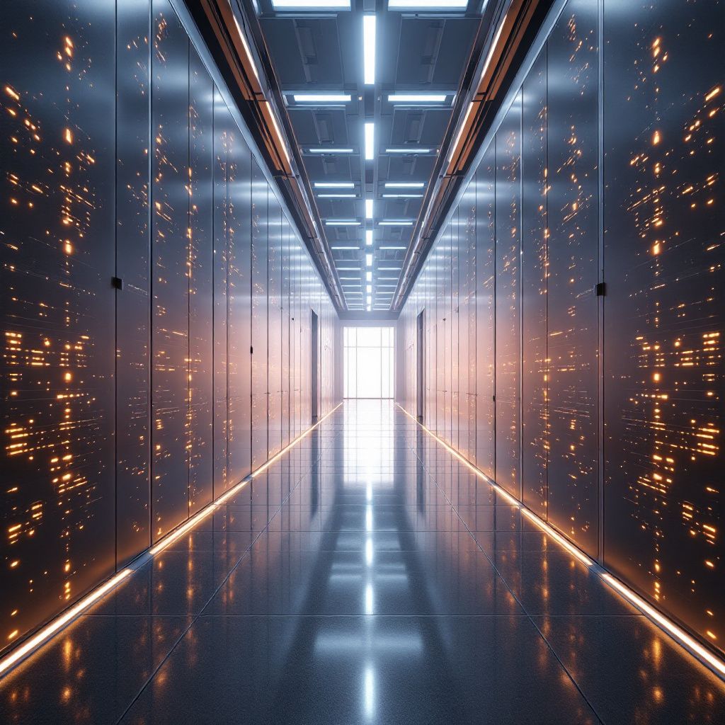 Forestil dig et ét-steds, hyper-realistisk billede, der fanger essensen af AI-infrastrukturens påvirkning i nutiden. Billedet viser en moderne, dagligdags industriel atmosfære, hvor en stor, minimalistisk datacenterstruktur dominerer scenen – en række overdimensionerede, flade bjælker med subtile LED-lys, der skifter farve i takt med dataflowet, symboliserer den kontinuerlige strøm af AI-aktiveret data. Rummet er fyldt med avanceret, men diskret teknologi—frosne, transparente kabler, luftige ventilationssystemer, og åbne dataskabe, der tydeligt illustrerer den fysiske infrastruktur under den digitale illusion. I forgrunden er der en gruppe mennesker, primært forskere og teknikere, uden at fokusere på deres ansigter, der arbejder med tablets og skærme, der viser komplekse grafer, data-visualiseringer og simuleringsmodeller – alt sammen i en realistisk, hverdagsagtig kontekst. Særligt markeret er en stor, transparent globe, hvor netværksforbindelser i form af lysstrenge snor sig, hvilket symboliserer den glob