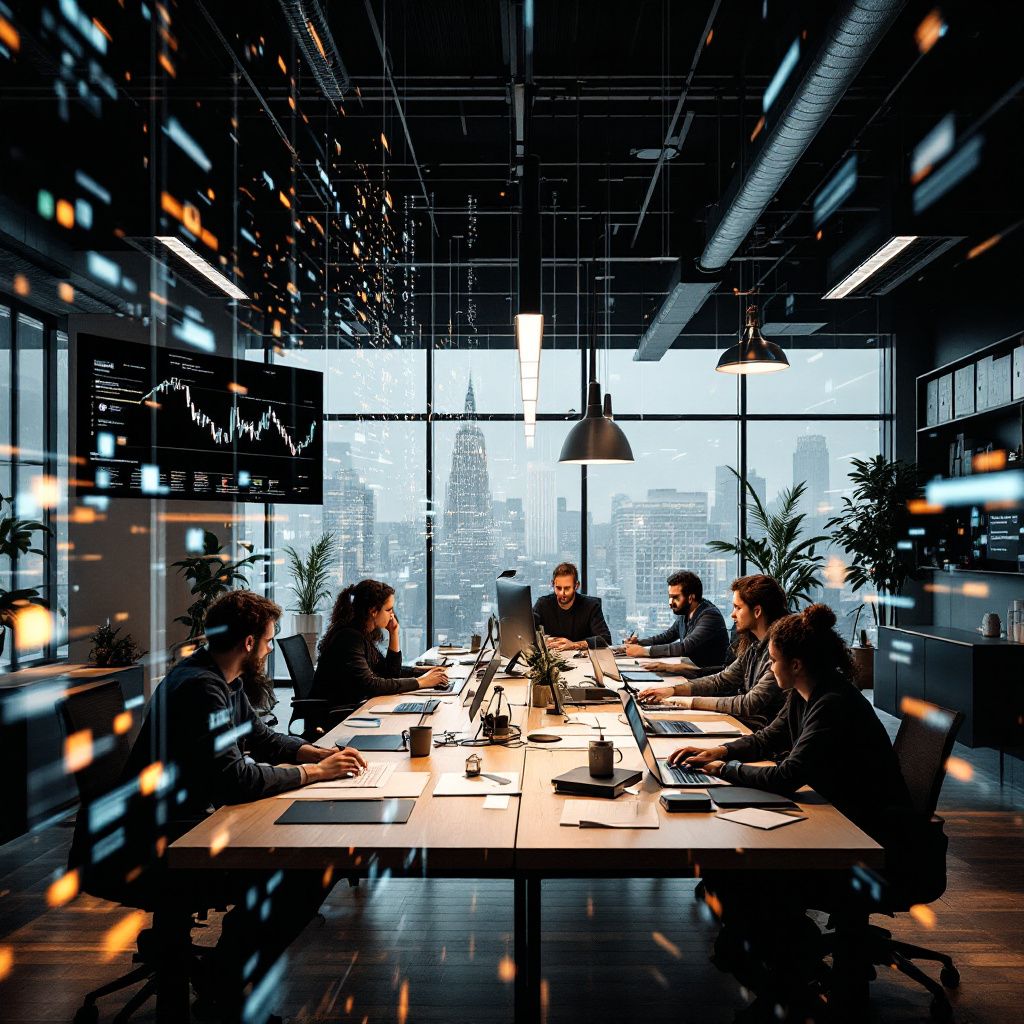 Forestil dig et dokumentaristisk, realistisk billede, hvor fokus er på den praktiske virkelighed i en moderne finansafdeling, der arbejder med avancerede AI-løsninger. Billedet viser en stor, åben kontorplads uden koncentration af mennesker foran computere, men i stedet visualiserer scenen dataflow gennem gennemsigtige, flydende lag af tal og diagrammer, der synes at svæve over arbejdsområdet. Disse lag skaber en abstrakt, men genkendelig symbolik for AI-platformens evne til at automatisere og integrere data i realtid, hvilket skaber en visuel metafor for den frie flydning af information uden manuel indgriben. En diskret visualisering af digitalt datanetværk, der forbinder forskellige systemer gennem subtile lys- og farvegænger, fremhæver teknologiens rolige, men gennemgribende indvirkning på arbejdsgangen, hvilket indrammer temaet om den nye tids automatisering i finans. Billedet undgår menneskeskildringer og fokuserer i stedet på den fysiske ramme: En moderne, minimalistisk kontorindretning med store vindu