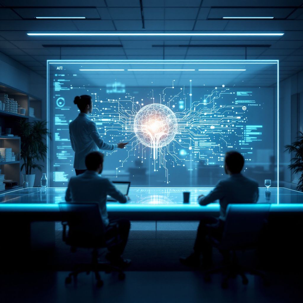 Forestil dig et dokumentarisk billede af en moderne, nytidig AI-laboratorie- eller forretningsmiljø, hvor abstrakte elementer af teknologi bliver synligt gennem innovative visuelle metaforer. Billedet viser et stort, klart glasbord, hvor en kompleks, tredimensionel holografisk visualisering af neurale netværk svæver over overfladen – med farverige ledninger og datastrømme, der strækker sig ud som organiske, pulserende rødder, der symboliserer åbenheden og de åbne værktøjer i Huaweis open-source strategi. Rummet er præget af minimalistisk, futuristisk design med bløde, neutrale farvetoner og indirekte lys, der fremhæver de digitale netværk uden at dominere scenen, hvilket bidrager til den dokumentariske følelse af at observere en præcis, realistisk fremstilling af dagens teknologi i aktion. Det visuelle fokus ligger på den visuelle metafor for data- og AI-strømme, der flyder åbent og uafhængigt i et realistisk miljø, eksempelvis en moderne offentlig organisation eller forskningsfacilitet, hvor dagens åbne t
