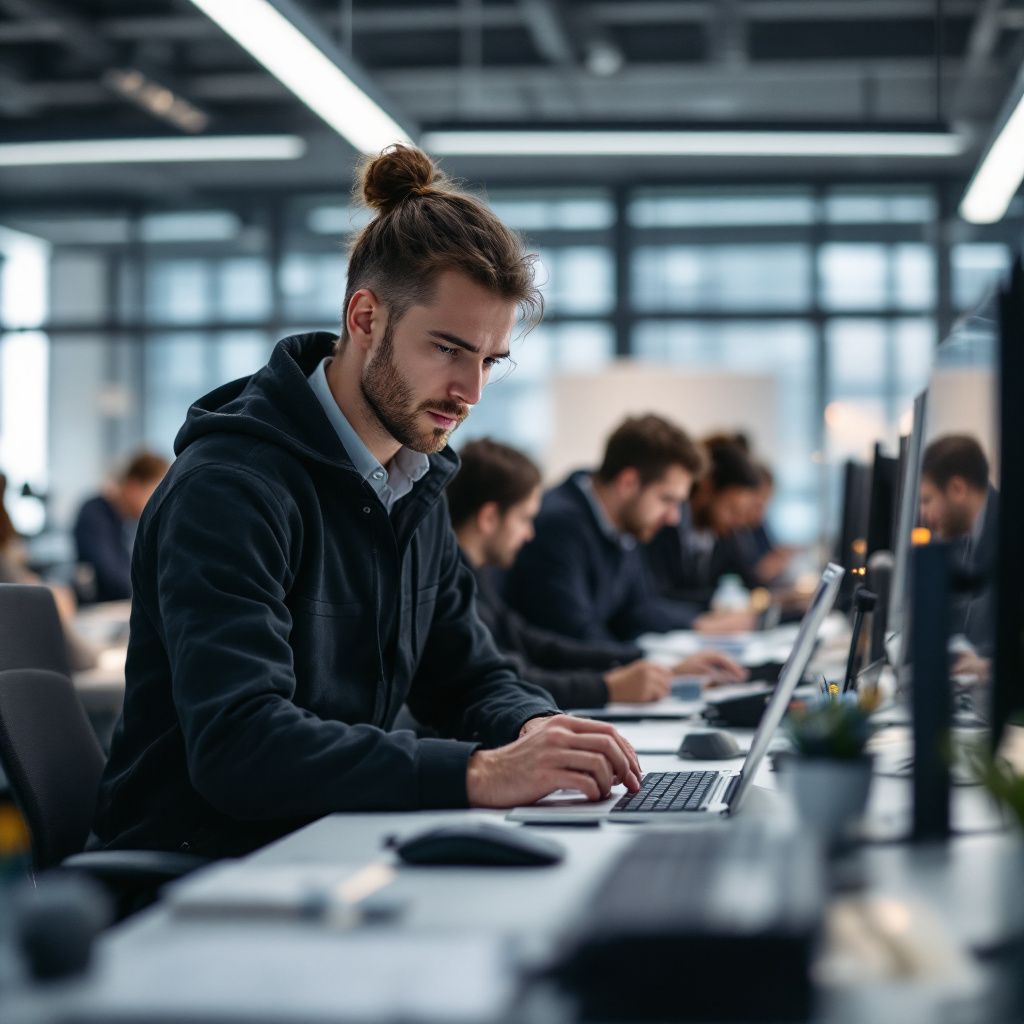 Dette realistiske og dokumentaristiske foto bør fokusere på en nuanceret, hverdagsrelateret scene, der symboliserer Huaweis åbning af AI-platformen uden at blive for cliché eller futuristisk. Forestil dig et øjeblik i en moderne, nordeuropæisk innovationslaboratorie eller offentligt IT-miljø, hvor en gruppe teknikere og AI-udviklere arbejder i et åbent, let industrielt rum, med tydelige elementer af den daglige adoption af ny teknologi. I stedet for at vise en person foran en skærm, visualiser et nærbillede af hænder, der håndterer stilrene, åbne servere eller netværksudstyr, omgivet af notesbøger, tabletter med kode og åbne kabler, mens der er en skjult, men tydelig reference til en stor, nyligt installeret Ascend-baseret hardware, eksempelvis i form af subtile logoer eller LED-indikationer. Opbygningen balancerer de abstrakte temaer som åbenhed, innovation og teknologisk uafhængighed med konkrete, håndgribelige miljøer, hvor standard IT-infrastruktur anvendes til at understøtte betydningsfuld AI-udvikling.