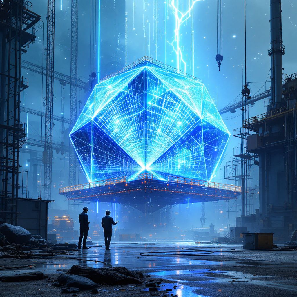 Forestil dig et scene, hvor et par håndværkere arbejder i en moderne, urban industrilandskab – en betonfabrik eller en styret datacenter-udstilling, hvor teknologiske elementer er integreret i det rå miljø. I centrum står en stor, minimalistisk struktur bestående af foderhuller, kabler og avancerede datakapsler, der symboliserer en AI-kode, der flyder som et netværk af lysende fibre. Over strukturen svæver subtile, blåtonede lysstrømme, der illustrerer dataflow og automatisering i realtid, uden at menneskelige elementer dominerer visningen. Atmosfæren er præget af ro, præcision og en følelse af, at de teknologiske fremskridt er en naturlig del af den moderne infrastruktur, der understøtter samfundets kritiske funktioner. Baggrunden fremviser store, sorte dataservere med blinkende LED-indikatorer, der skaber en visuel rytme og symboliserer systemernes robuste sikkerhed og automatiserede processer. Selvom der er ingen mennesker til stede, forekommer scenet at være en daglig, dokumentarisk optagelse af en offen
