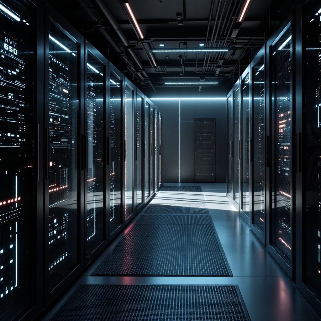 Det mest fængende og realistiske billede for artiklen om oLLM og lokalt AI-arbejde kunne være en nærbilledoptagelse af en moderne, minimalistisk serverhul, hvor en enkelt, slank NVIDIA GPU er synlig med tydelige LED-lys, der skifter farve let. Rummet er præget af naturligt, indirekte lys, der blødt rammer serverrackene, som indeholder SSD-drev, og viser den kraftfulde hardware, der understøtter SSD-offload-principperne. Uden mennesker i fokus, men med en tydelig kontrast mellem teknologiens rå kraft og det rolige, gennemarbejdede miljø, visualiserer billedet den kontrol, organisationen får over data, uden at kompromittere på hastighed eller kvalitet. Baggrunden kan indeholde visualiseringer af dataverdenen gennem subtile grafiske elementer, eksempelvis abstrakte, flydende dataløb, der symboliserer streaming af information mellem SSD'er og GPU, hvor de dynamiske linjer og lys samspiller med hardware. Dette kan fremhæve den innovative teknik bag oLLM ved at bruge en højopløst tekstur og en realistisk, dokument