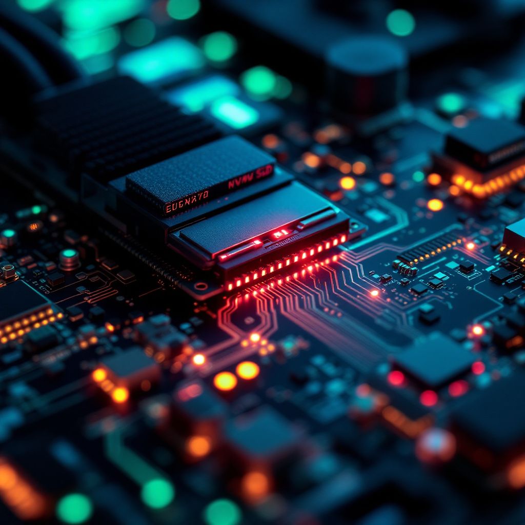 Et nøje komponeret, dokumentaristisk billede, der fanger den abstrakte essens af lokal AI-analyse som beskrevet i artiklens midterste afsnit. Forestil dig en nærbilledudvidelse af en moderne, kraftfuld GPU, der er forbundet til en hurtig NVMe SSD via et komplekst netværk af kabler. Kameraets fokus er på SSD’ens LED-lysende kontakter, der blidt glimter i takt med, at data strømmer kontinuerligt og symbolsk illustrerer streaming af store tekstdata i realtid. Baggrunden er sløret, men antyder en minimal, stilren teknologiskblok, der afspejler en kontor- eller maskinpark-ramme, fleksibel til analyse- og compliance-arbejde. Omkring, i en bredere scene, er der en gruppe små figurer – forskere og datakonsulenter – der observerer og overvåger denne dataflow via skærme, hvilket understreger teksten som et levende og kontrolleret miljø. Lyset fra LED’erne formidler en følelse af konstant aktivitet, mens den naturlige belysning spiller underordnet, hvilket understreger teknologiens fokus på funktion over form. Denne sc