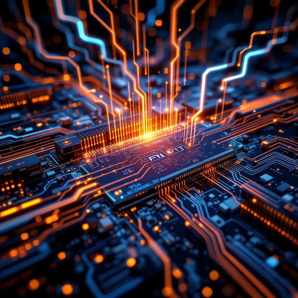 Et kraftfuldt og realistisk billede, der visuelt illustrerer den centrale teknologi i artiklen, kunne være en nærbilledestil af en moderne, high-tech server- eller datacenter-område, hvor flere NVMe SSD’er er tydeligt synlige, i gang med at streaming data til en kraftfuld NVIDIA GPU. Fokus ligger på den visuelle repræsentation af dataflowet: lysende, farverige grafiske linjer, der flyder fra SSD’erne mod GPU’ens konturer, symboliserende streaming og datahåndtering uden fysisk menneskeindblanding. Dette skaber en abstrakt, men dokumentarisk følelse af, hvordan lokal AI-analytik drives med en høj grad af kontrol og sikkerhed, støttet af det visuelle med elementer af computerenheder i baggrunden, der understreger miljøet af avanceret teknologi. Dette billede vil undgå personsyn, men fremhæve de abstrakte,象konceptuelle elementer af massive dataflow, SSD-offload og lokal AI-kraft i et hverdagssynligt moderne miljø, såsom et rent, velorganiseret datacenter. Det vil kommunikere datasuverænitet, effektivitet og den